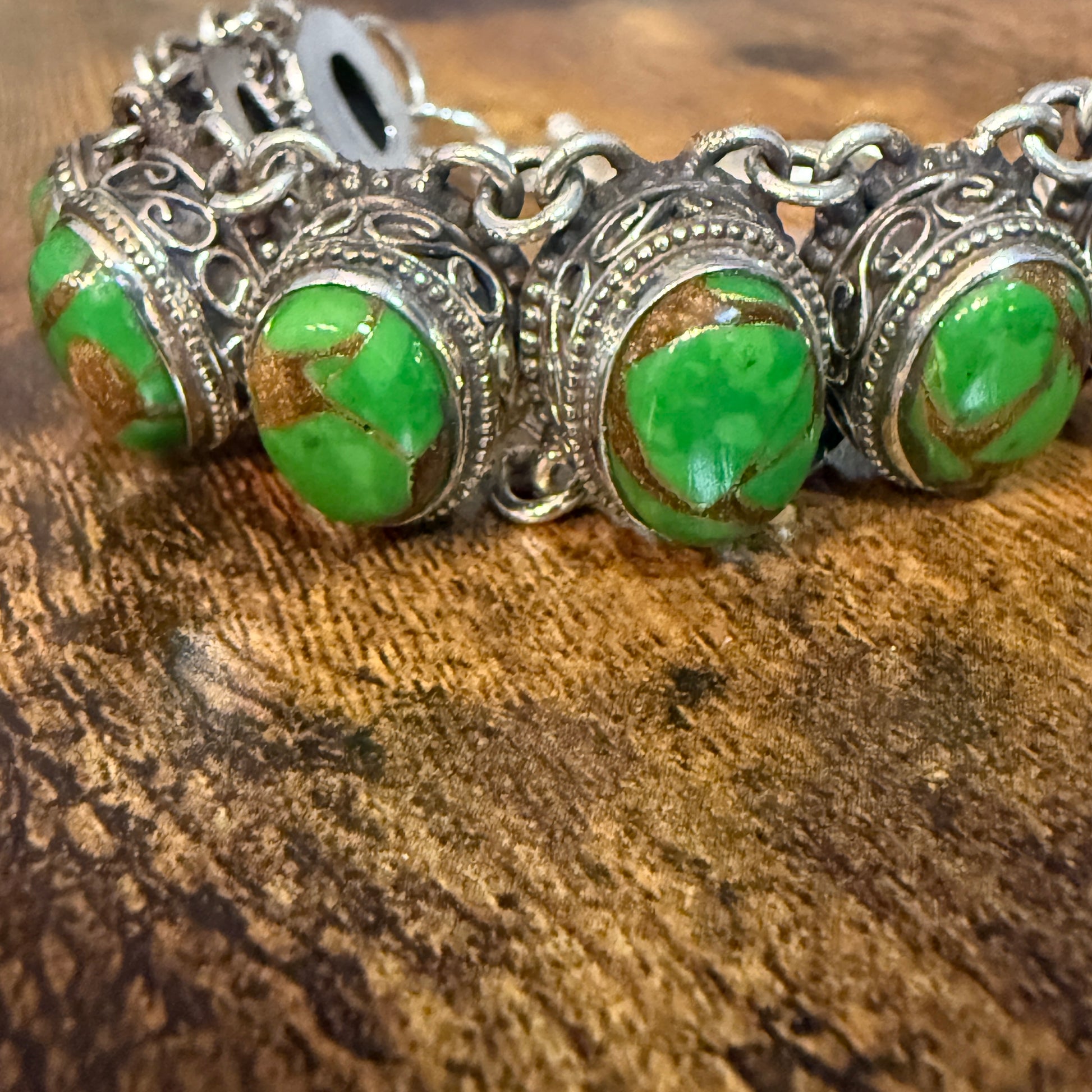 Natural Green Copper Dalhia Turquoise Link 925 Sterling Silver Vintage Bracelet Silver Elegant