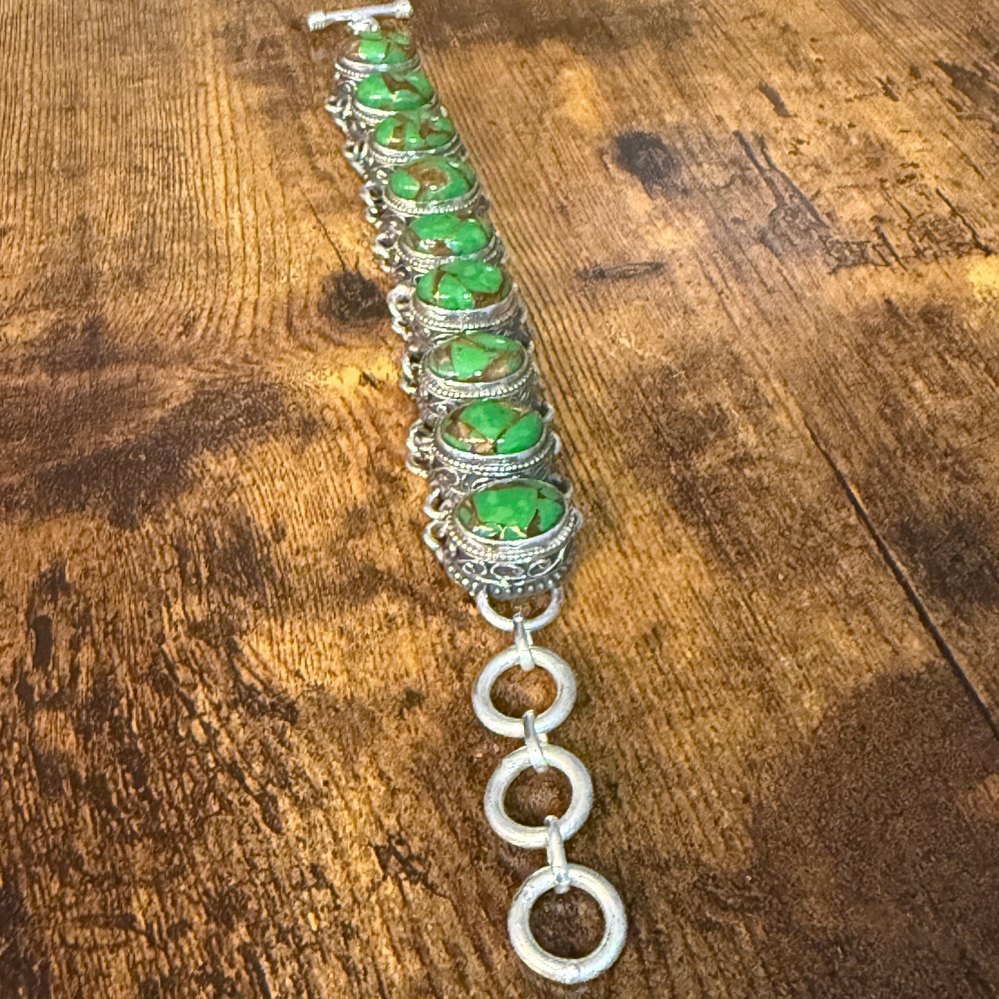 Natural Green Copper Dalhia Turquoise Link 925 Sterling Silver Vintage Bracelet Silver Elegant