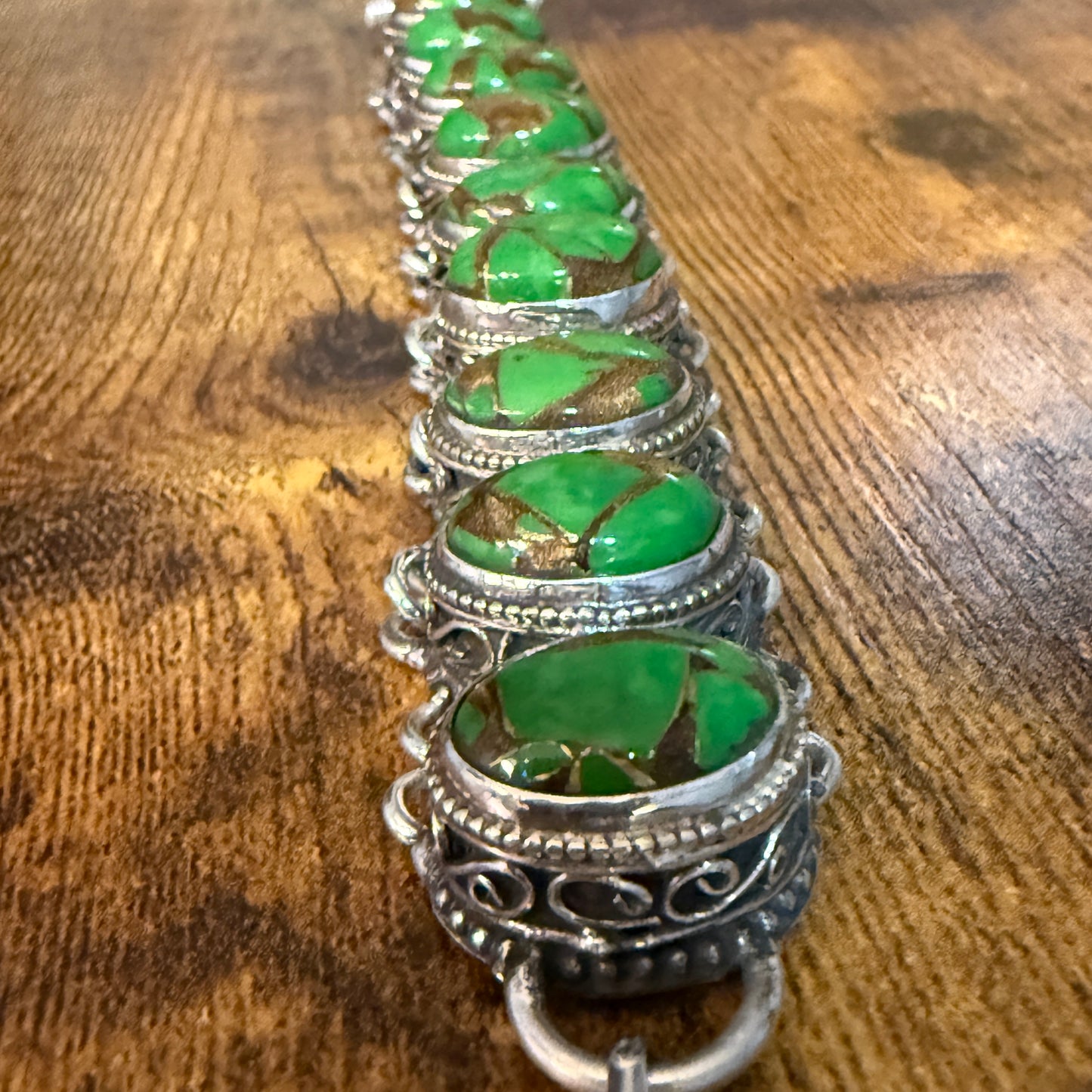 Natural Green Copper Dalhia Turquoise Link 925 Sterling Silver Vintage Bracelet Silver Elegant