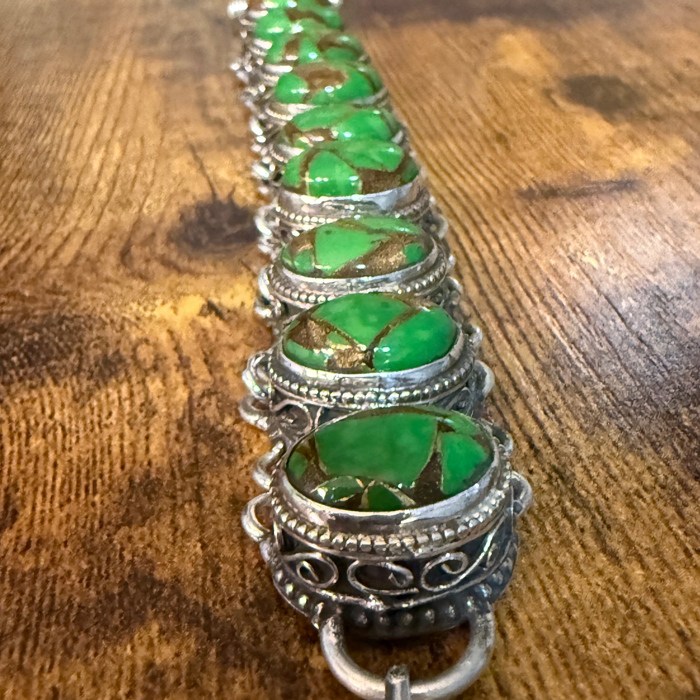 Natural Green Copper Dalhia Turquoise Link 925 Sterling Silver Vintage Bracelet Silver Elegant