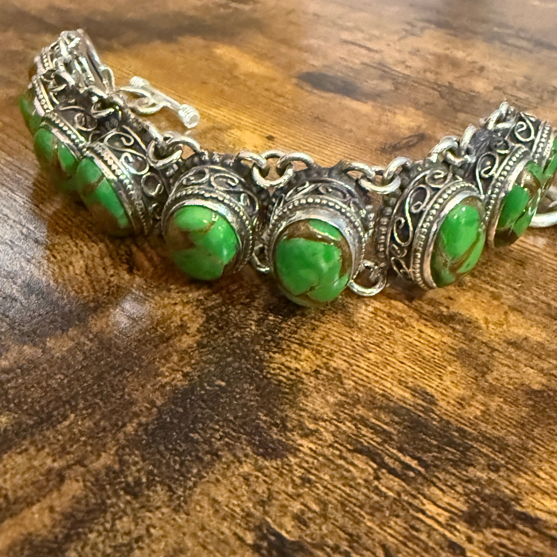 Natural Green Copper Dalhia Turquoise Link 925 Sterling Silver Vintage Bracelet Silver Elegant
