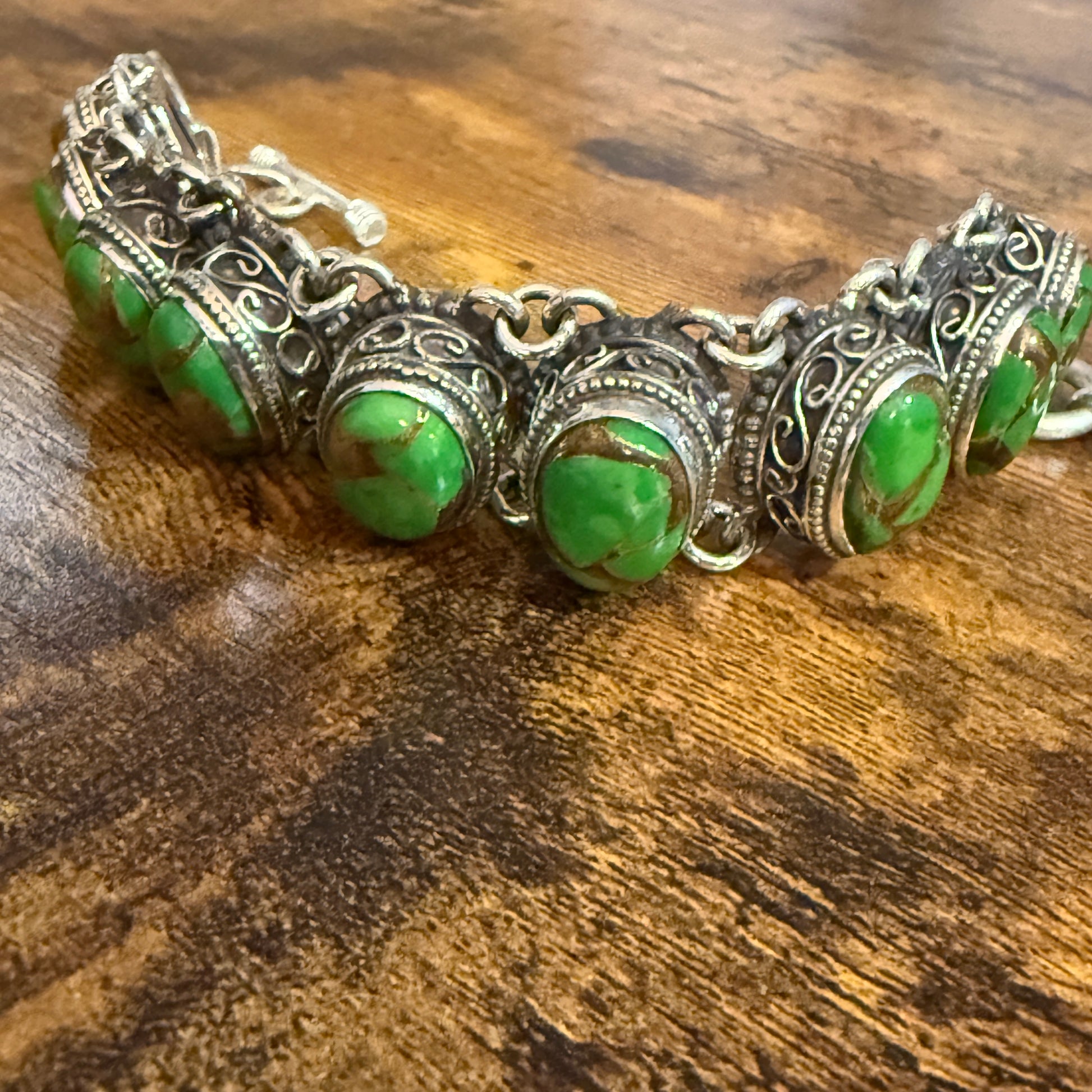 Natural Green Copper Dalhia Turquoise Link 925 Sterling Silver Vintage Bracelet Silver Elegant