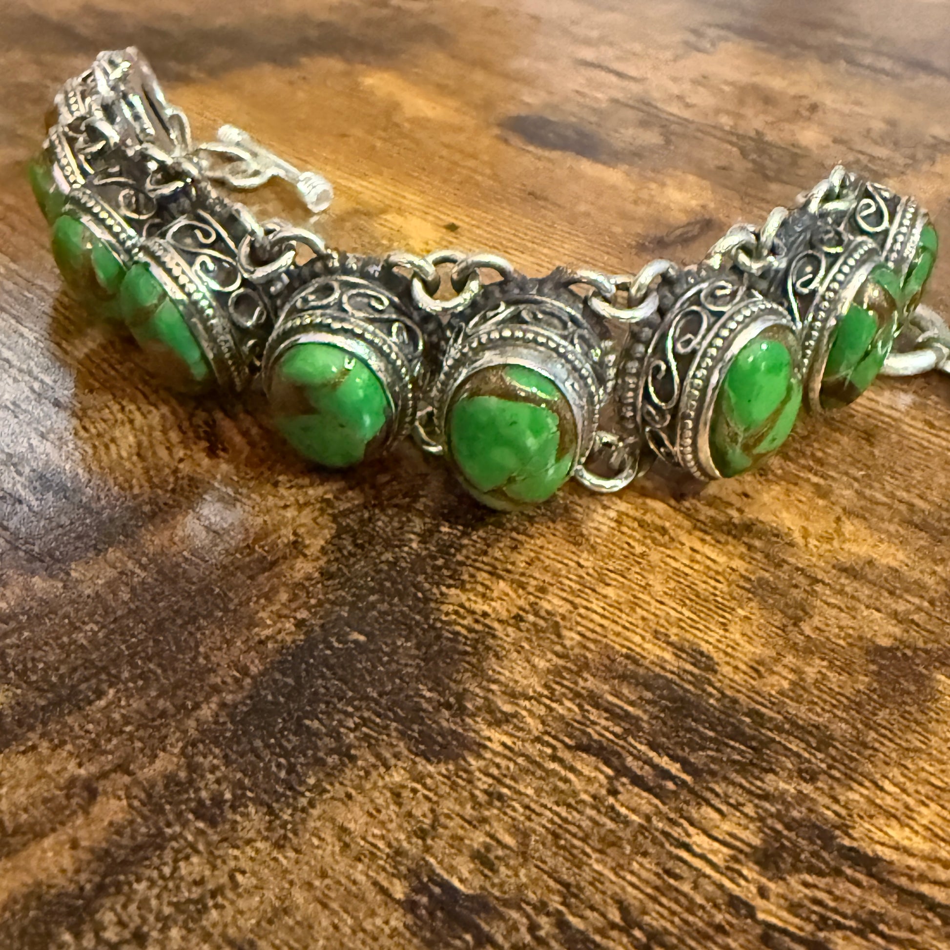 Natural Green Copper Dalhia Turquoise Link 925 Sterling Silver Vintage Bracelet Silver Elegant