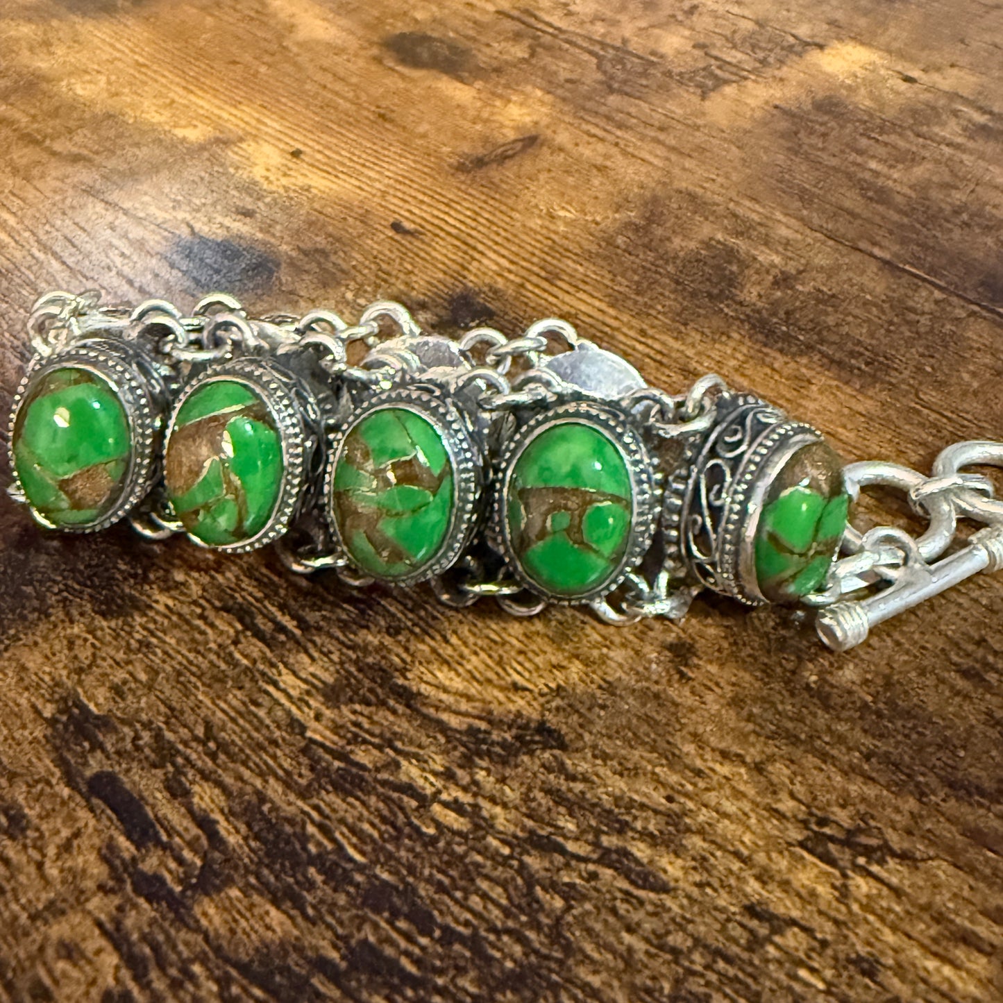 Natural Green Copper Dalhia Turquoise Link 925 Sterling Silver Vintage Bracelet Silver Elegant