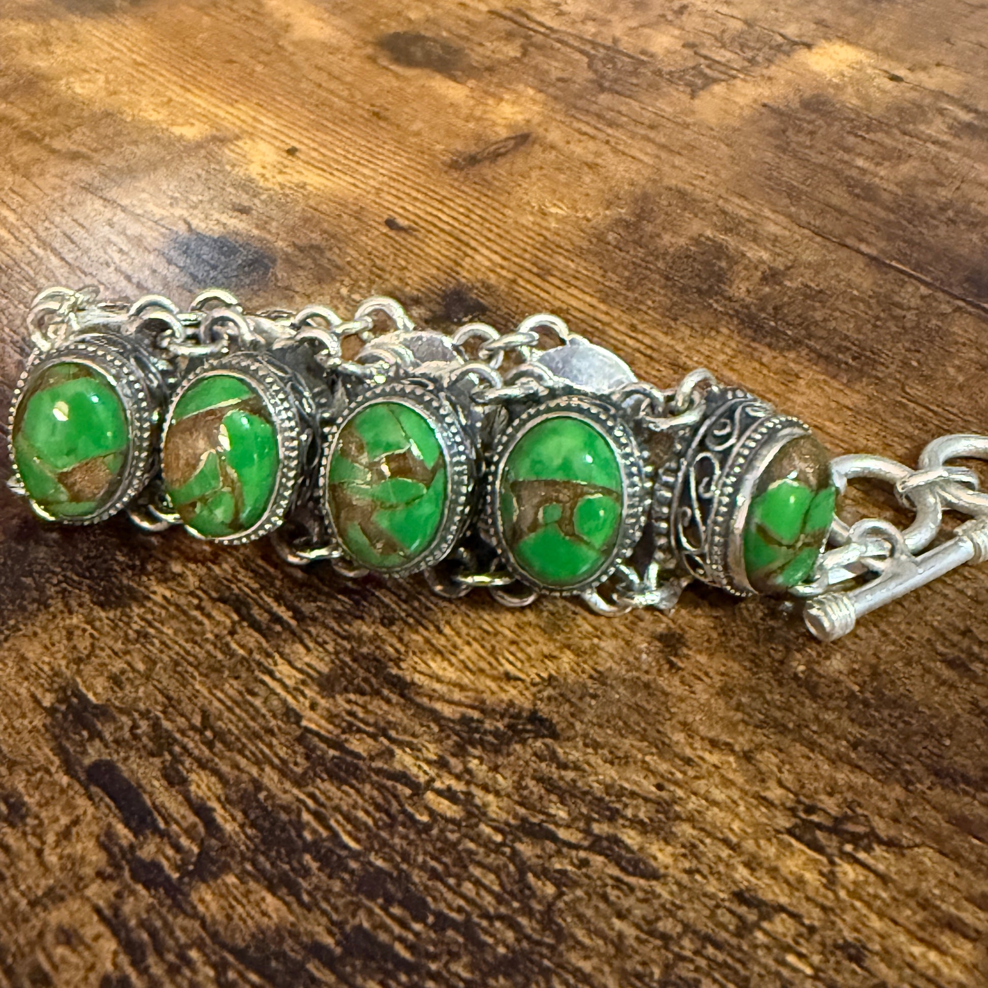 Natural Green Copper Dalhia Turquoise Link 925 Sterling Silver Vintage Bracelet Silver Elegant