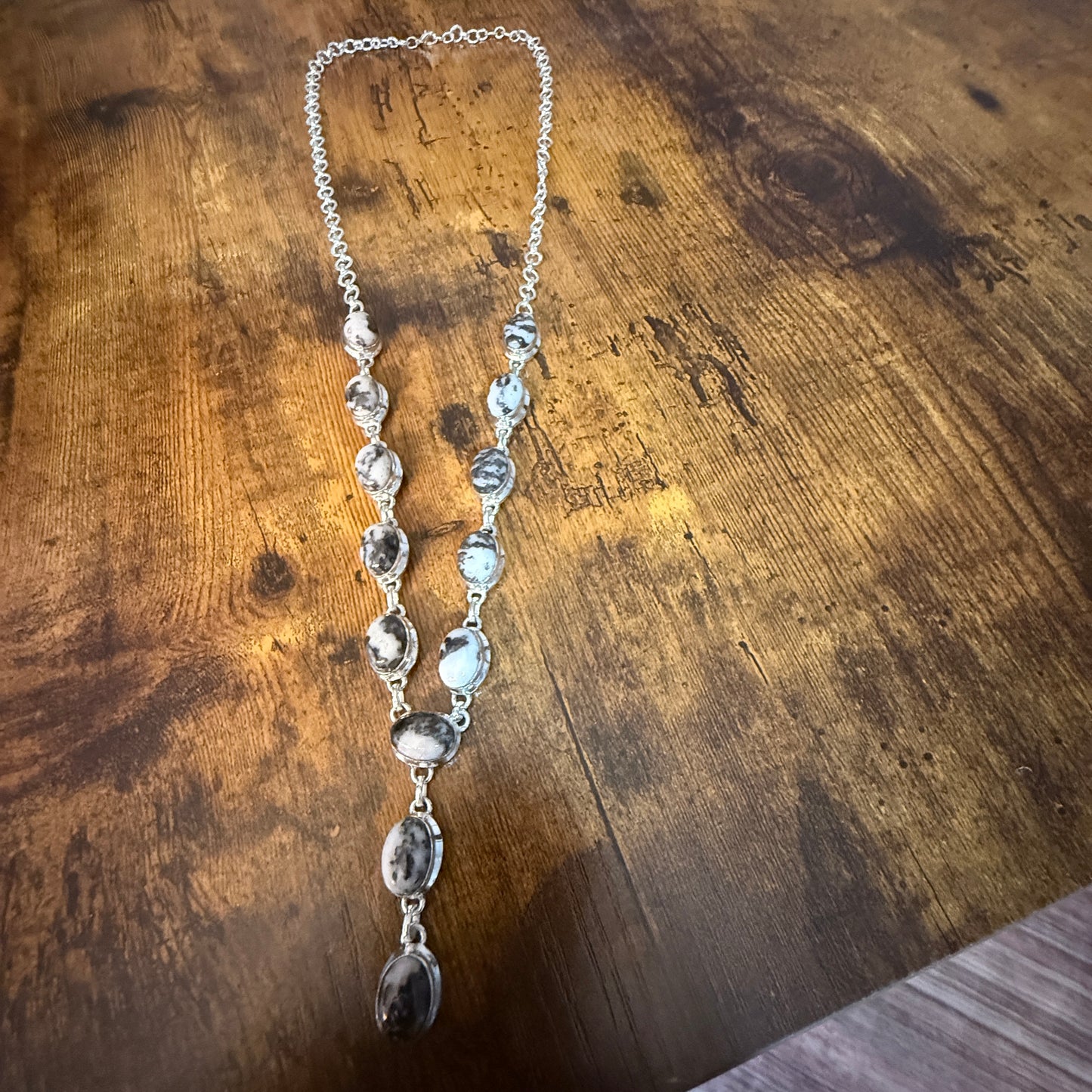 White Buffalo Dalhia Turquoise Stone Y Necklace 925 Sterling Silver Link Silver Elegant