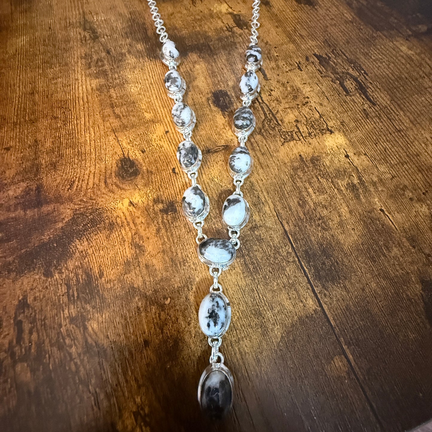 White Buffalo Dalhia Turquoise Stone Y Necklace 925 Sterling Silver Link Silver Elegant