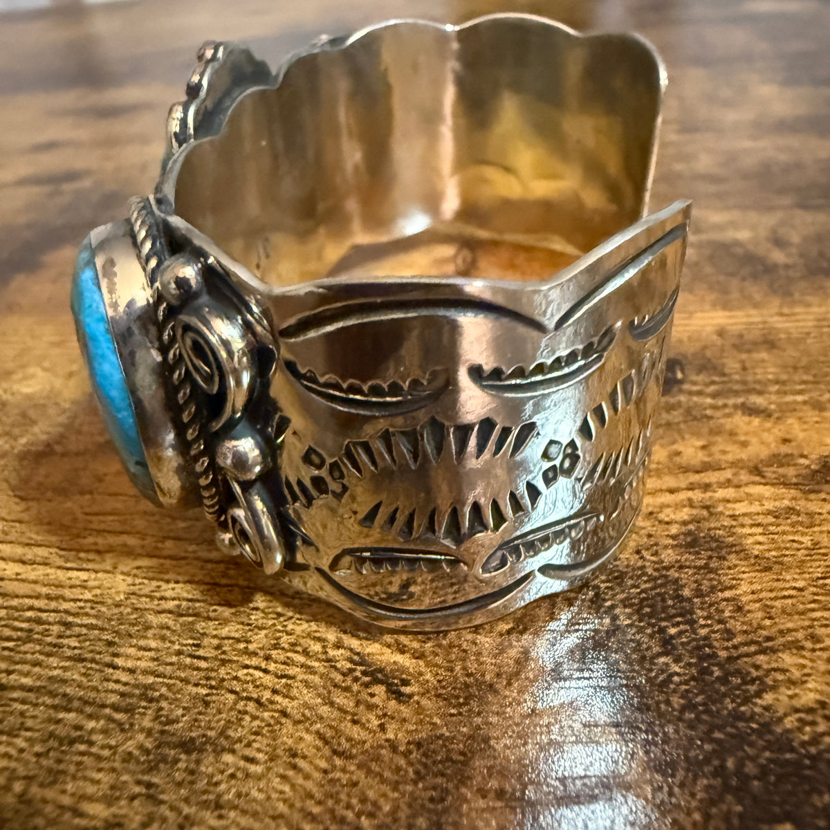 Native Inspired Kingman Turquoise Cuff Bracelet Nickel Silver Signed Cleveland Silver Elegant