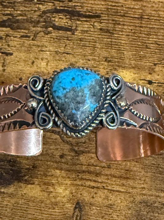 Navajo Inspired Copper Turquoise Cuff Bracelet Signed by Jackie Cleveland Silver Elegant