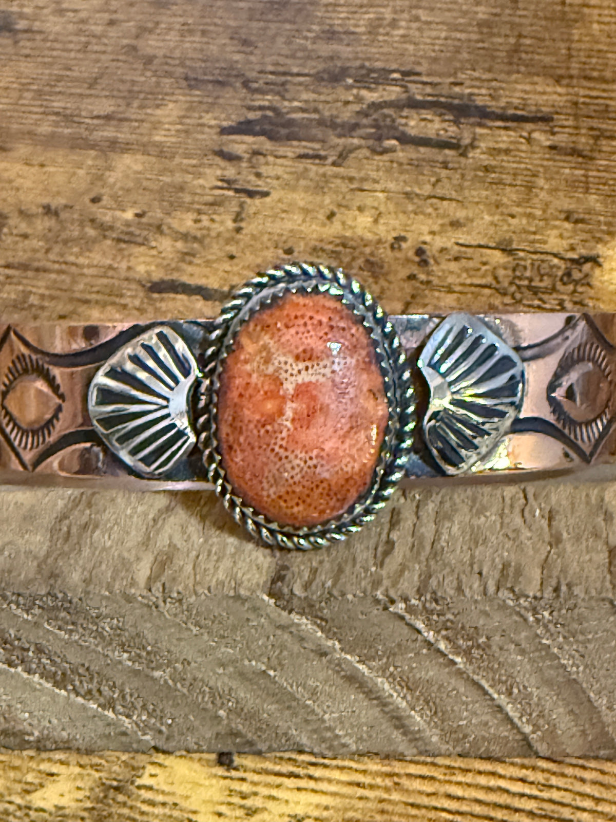 Navajo Inspired Copper And Apple Coral Cuff Bracelet Signed By Jackie Cleveland Silver Elegant