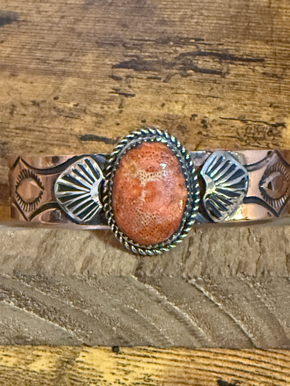 Navajo Inspired Copper And Apple Coral Cuff Bracelet Signed By Jackie Cleveland Silver Elegant