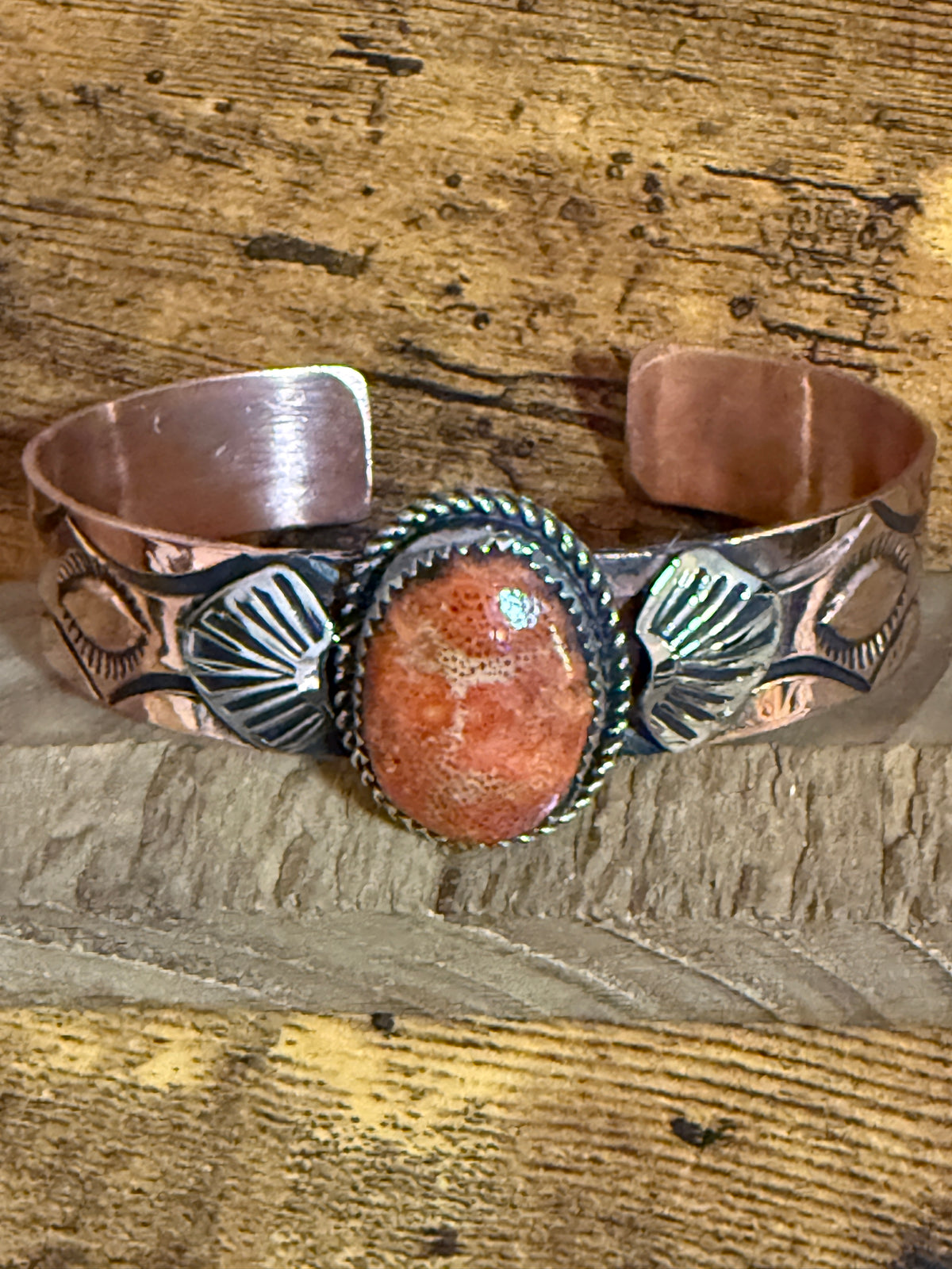 Navajo Inspired Copper And Apple Coral Cuff Bracelet Signed By Jackie Cleveland Silver Elegant