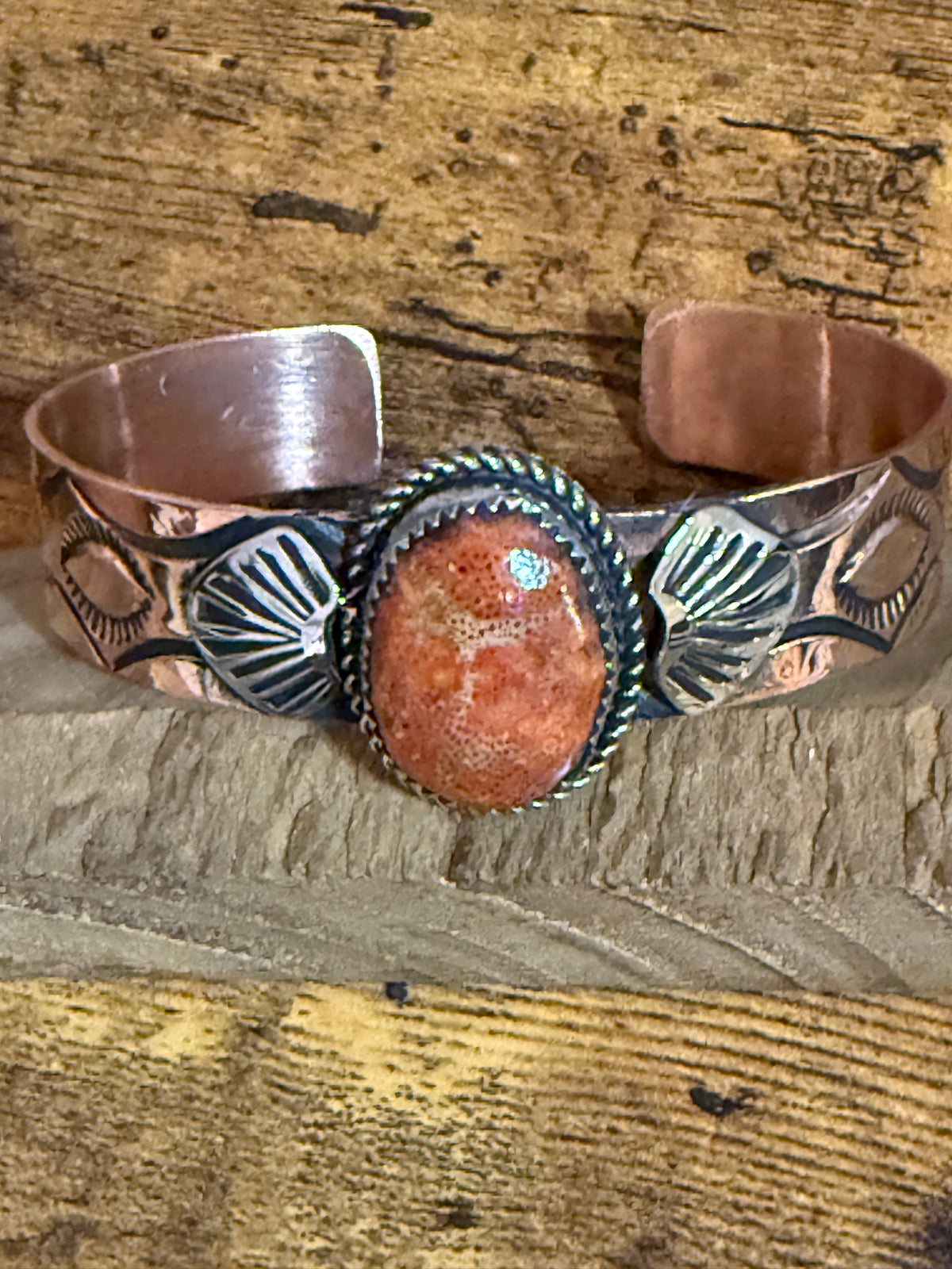 Navajo Inspired Copper And Apple Coral Cuff Bracelet Signed By Jackie Cleveland Silver Elegant
