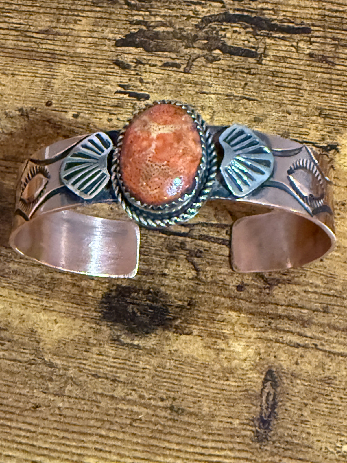 Navajo Inspired Copper And Apple Coral Cuff Bracelet Signed By Jackie Cleveland Silver Elegant