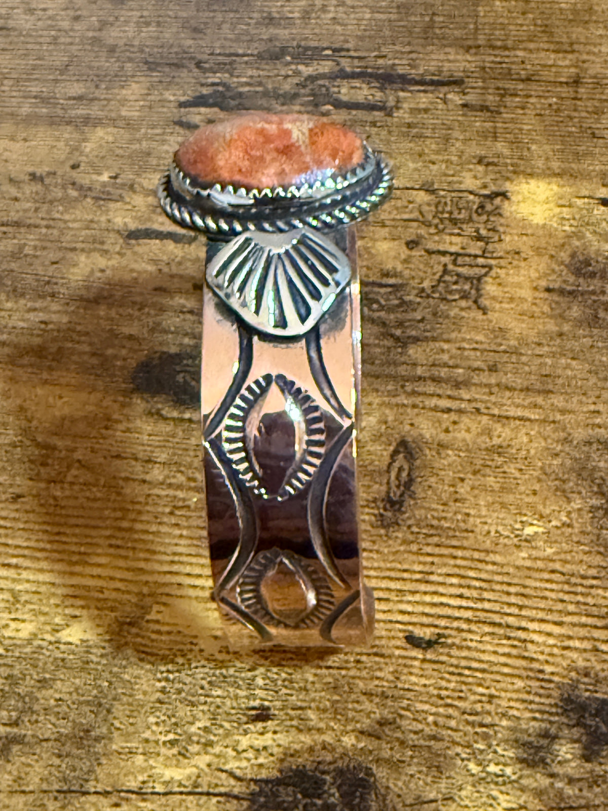 Navajo Inspired Copper And Apple Coral Cuff Bracelet Signed By Jackie Cleveland Silver Elegant