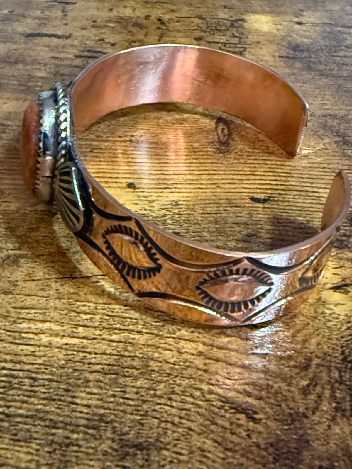 Navajo Inspired Copper And Apple Coral Cuff Bracelet Signed By Jackie Cleveland Silver Elegant