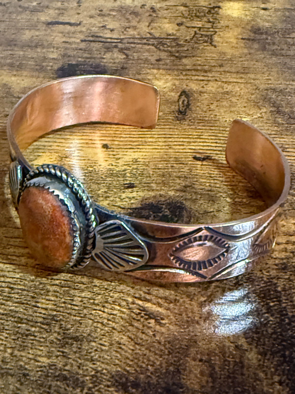 Navajo Inspired Copper And Apple Coral Cuff Bracelet Signed By Jackie Cleveland Silver Elegant
