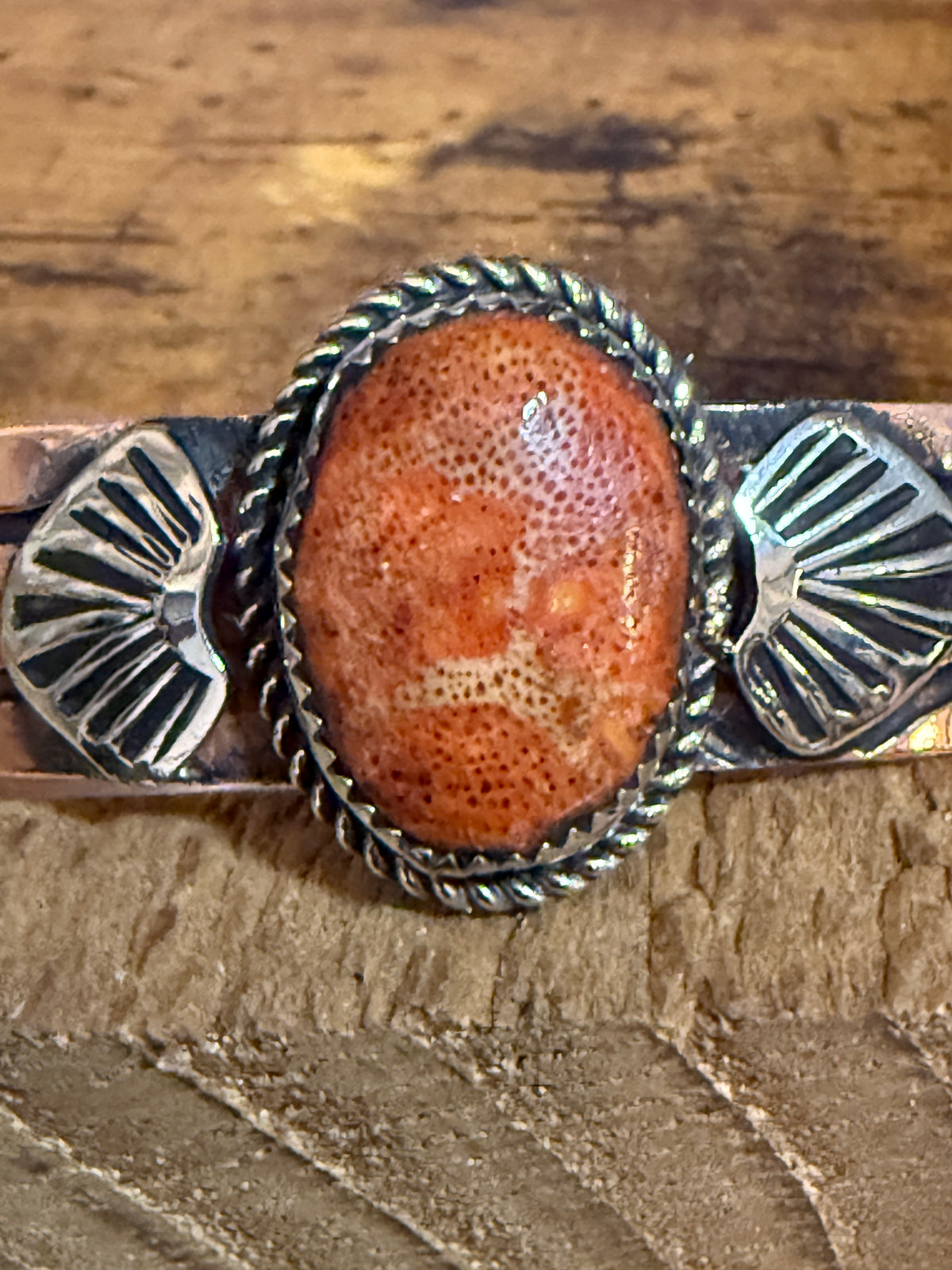 Navajo Inspired Copper And Apple Coral Cuff Bracelet Signed By Jackie Cleveland Silver Elegant