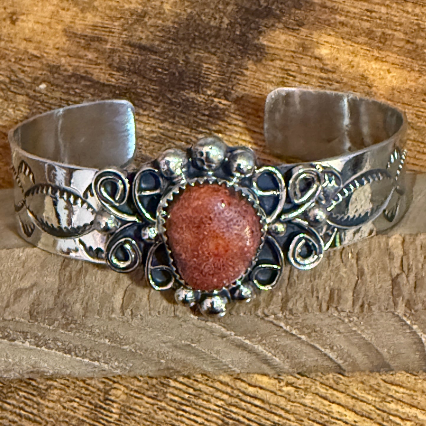 Navajo Inspired Apple Coral Cuff Bracelet Signed By Jackie Cleveland Silver Elegant
