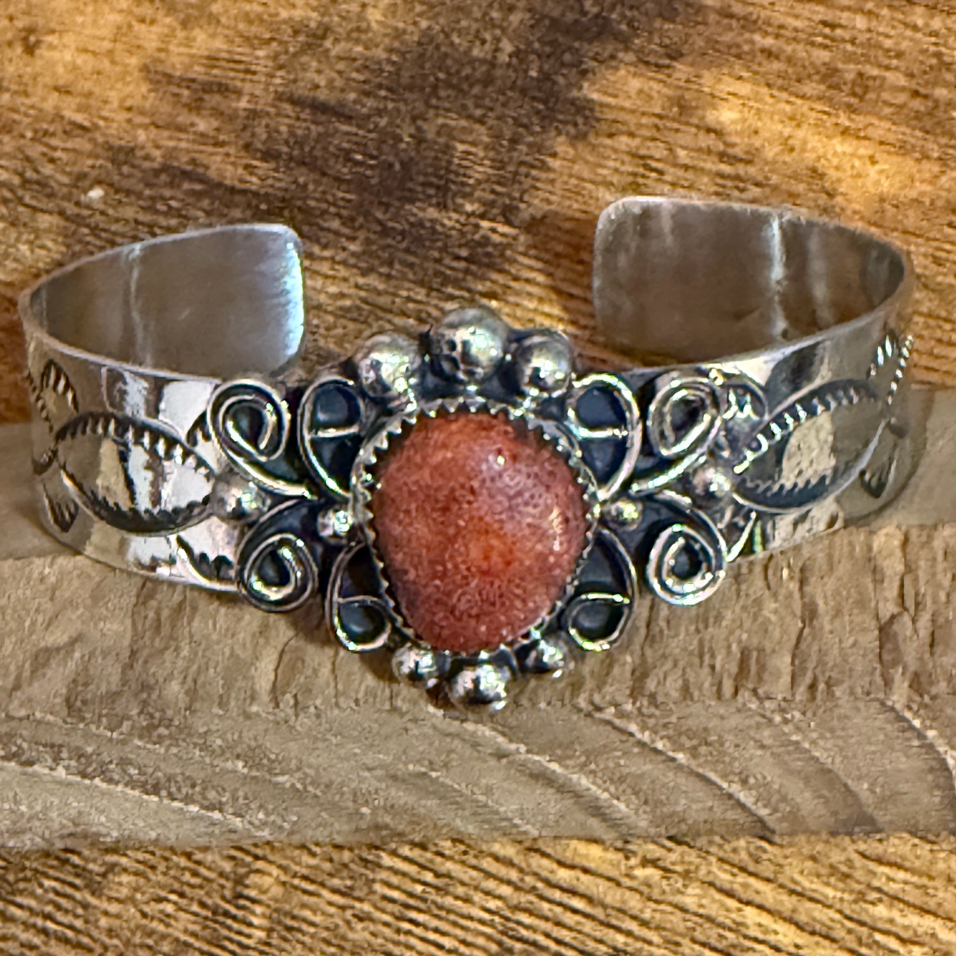 Navajo Inspired Apple Coral Cuff Bracelet Signed By Jackie Cleveland Silver Elegant