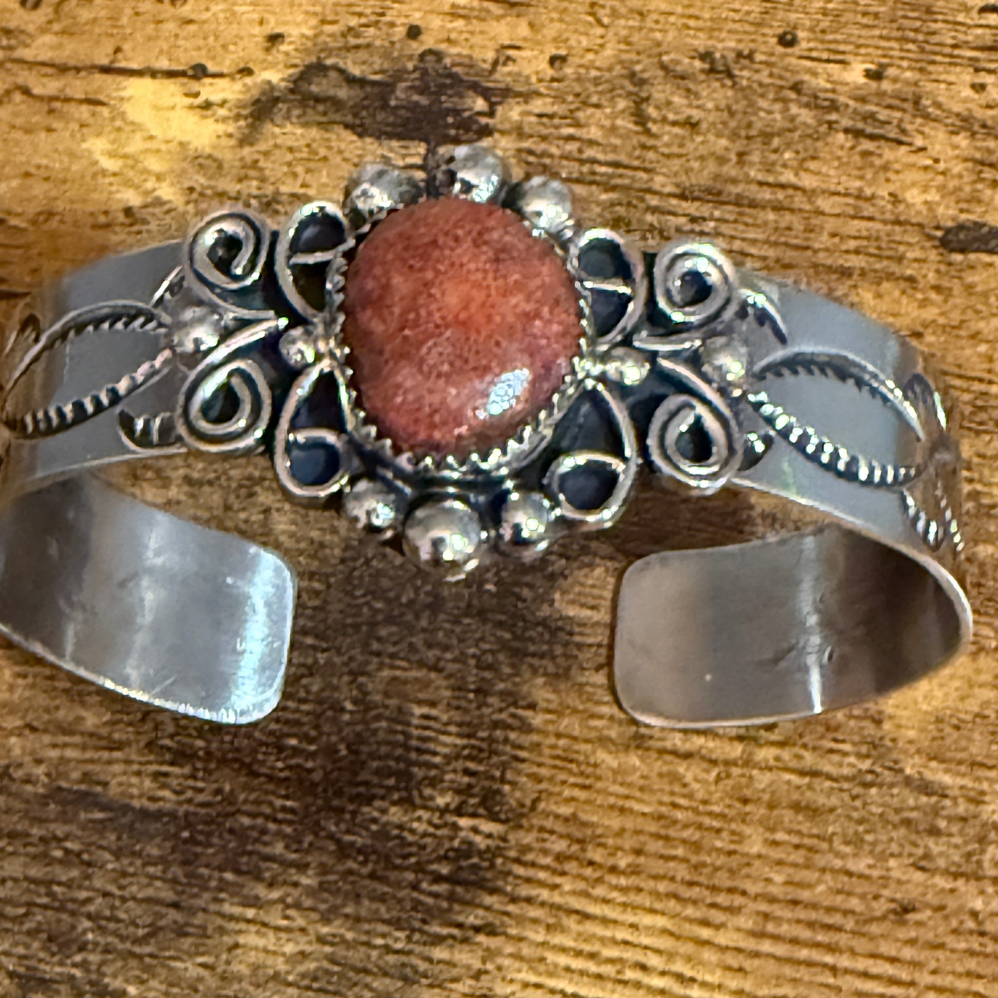 Navajo Inspired Apple Coral Cuff Bracelet Signed By Jackie Cleveland Silver Elegant