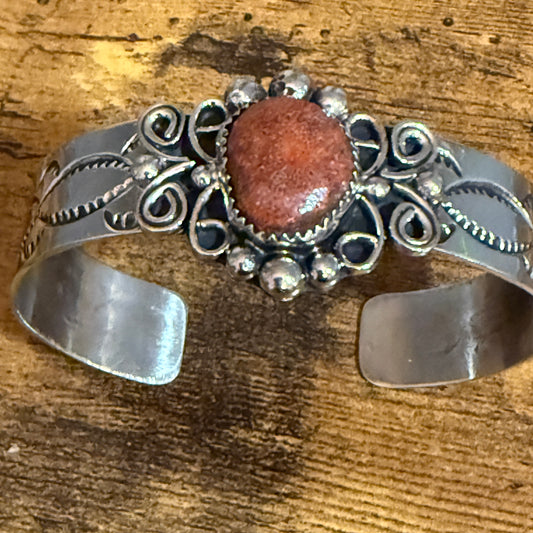 Navajo Inspired Apple Coral Cuff Bracelet Signed By Jackie Cleveland Silver Elegant