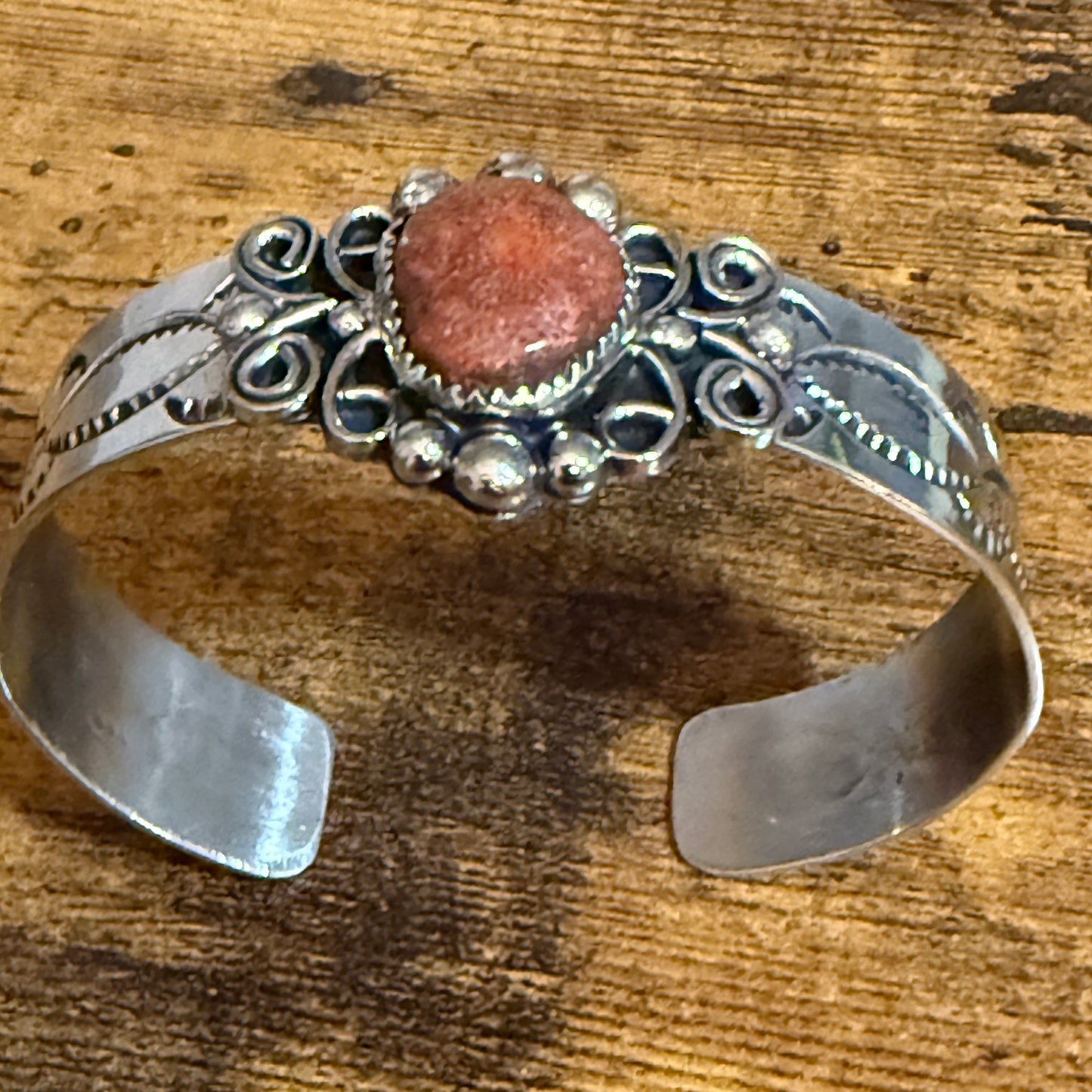 Navajo Inspired Apple Coral Cuff Bracelet Signed By Jackie Cleveland Silver Elegant