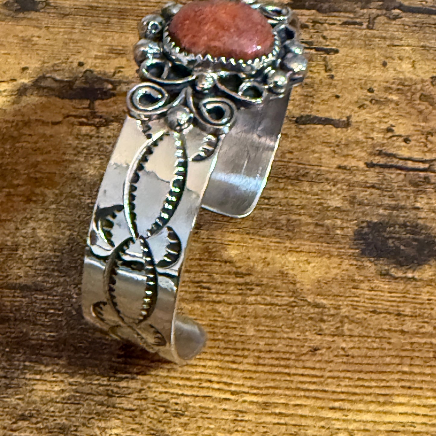 Navajo Inspired Apple Coral Cuff Bracelet Signed By Jackie Cleveland Silver Elegant