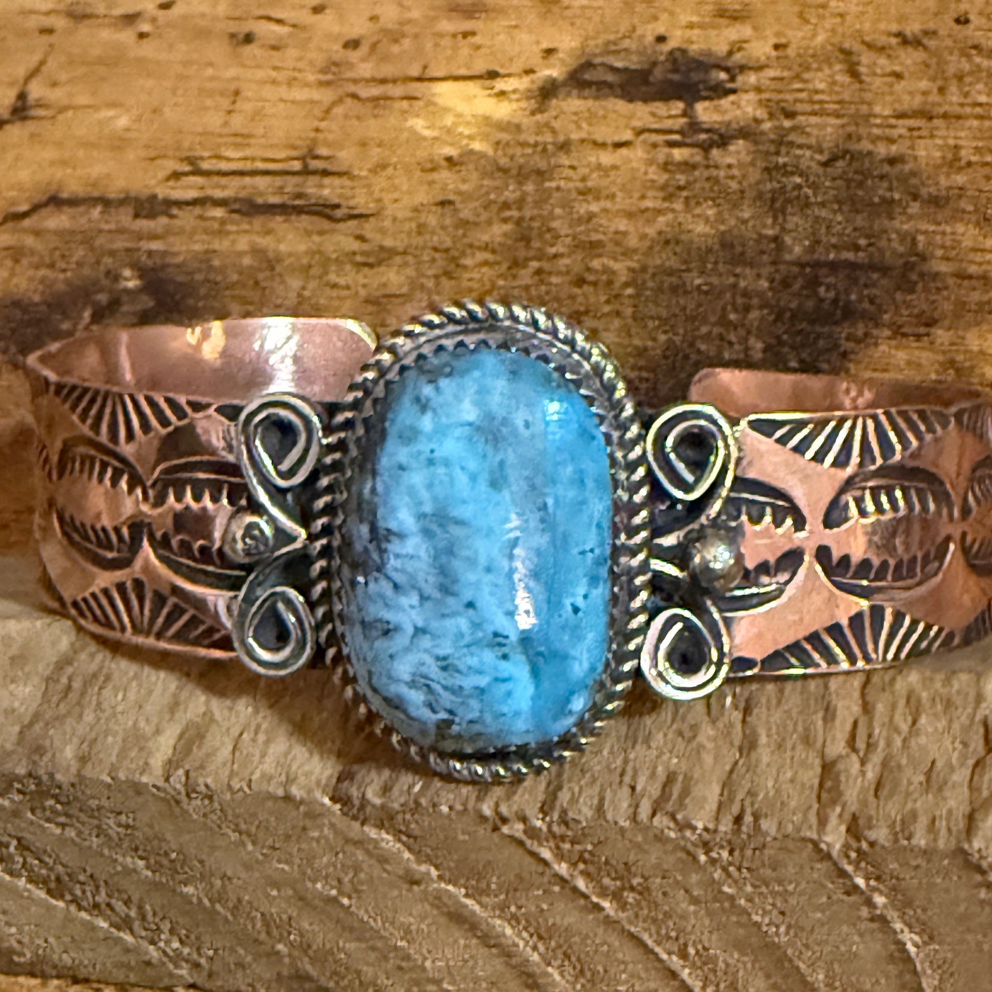 Navajo Inspired Copper And Turquoise Cuff Bracelet Signed By Jackie Cleveland Silver Elegant