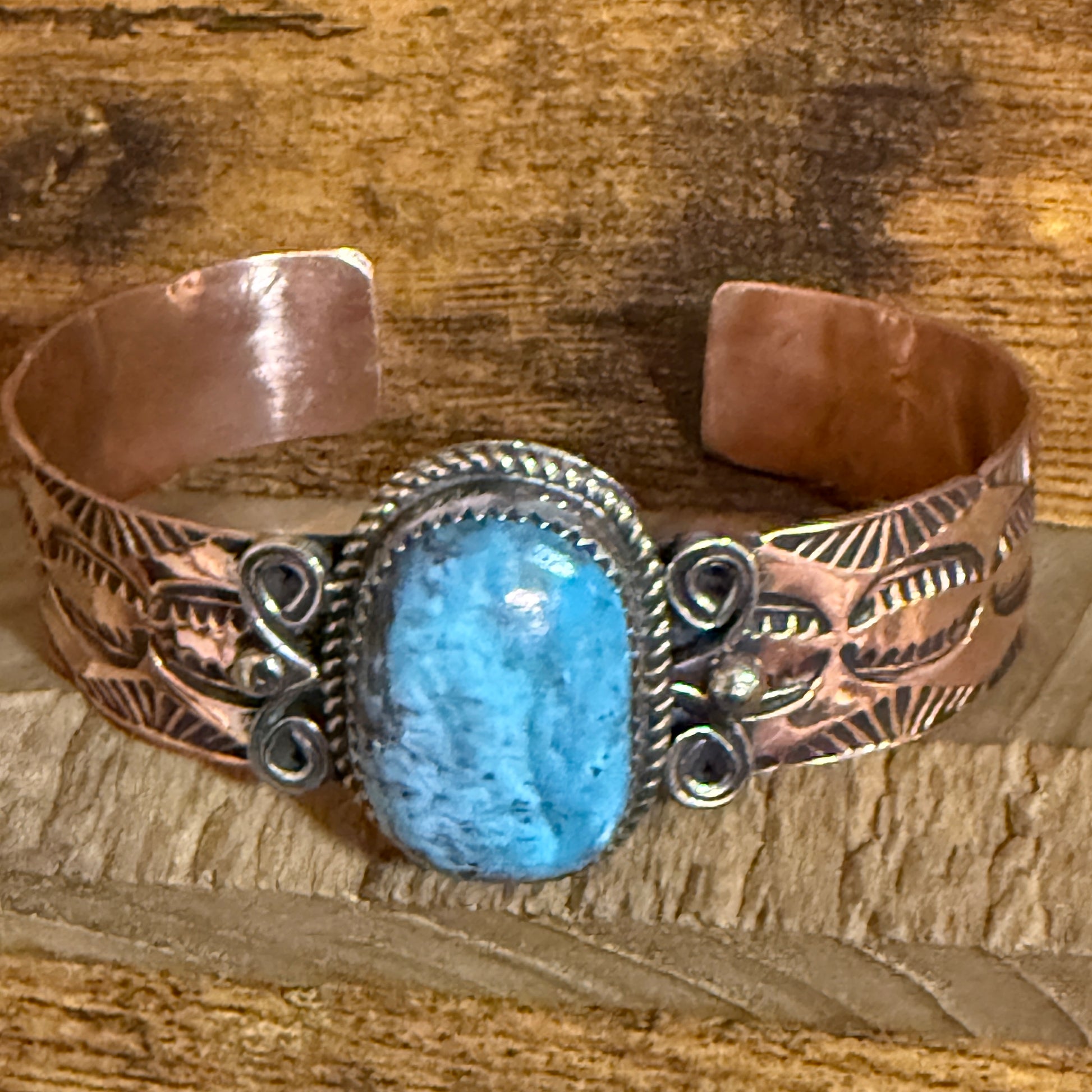 Navajo Inspired Copper And Turquoise Cuff Bracelet Signed By Jackie Cleveland Silver Elegant