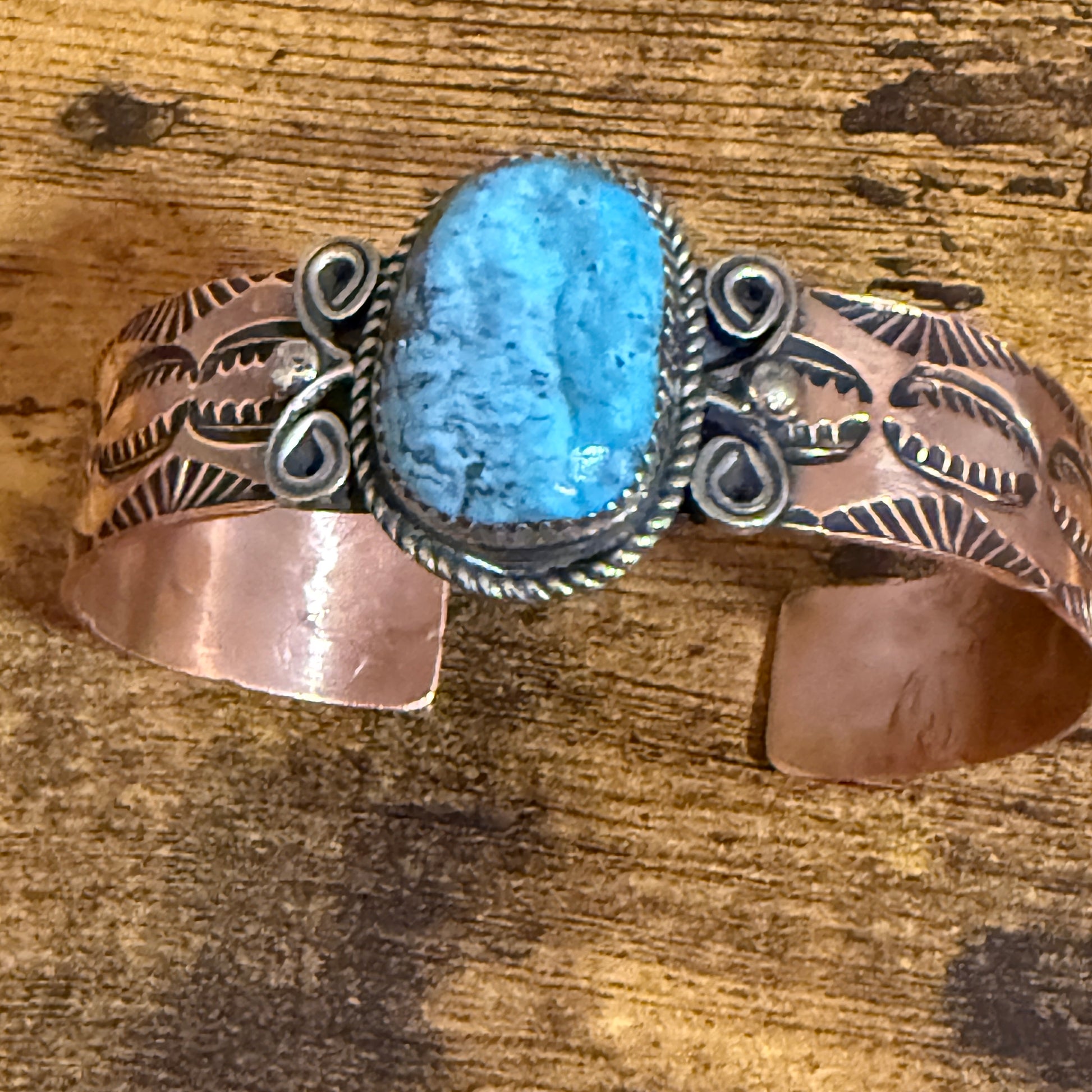 Navajo Inspired Copper And Turquoise Cuff Bracelet Signed By Jackie Cleveland Silver Elegant