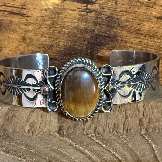 Navajo Inspired Tiger Eye Cuff Bracelet Signed Jackie Cleveland Silver Elegant