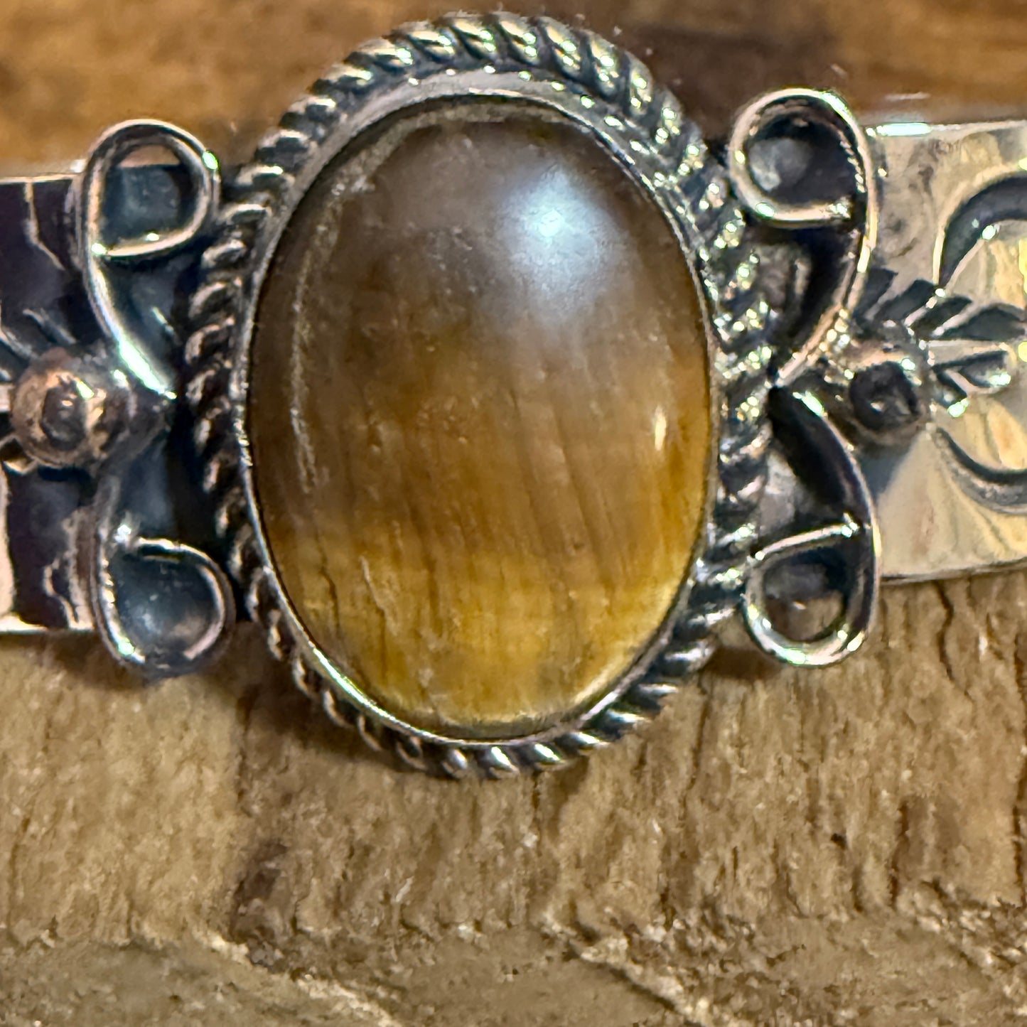 Navajo Inspired Tiger Eye Cuff Bracelet Signed Jackie Cleveland Silver Elegant