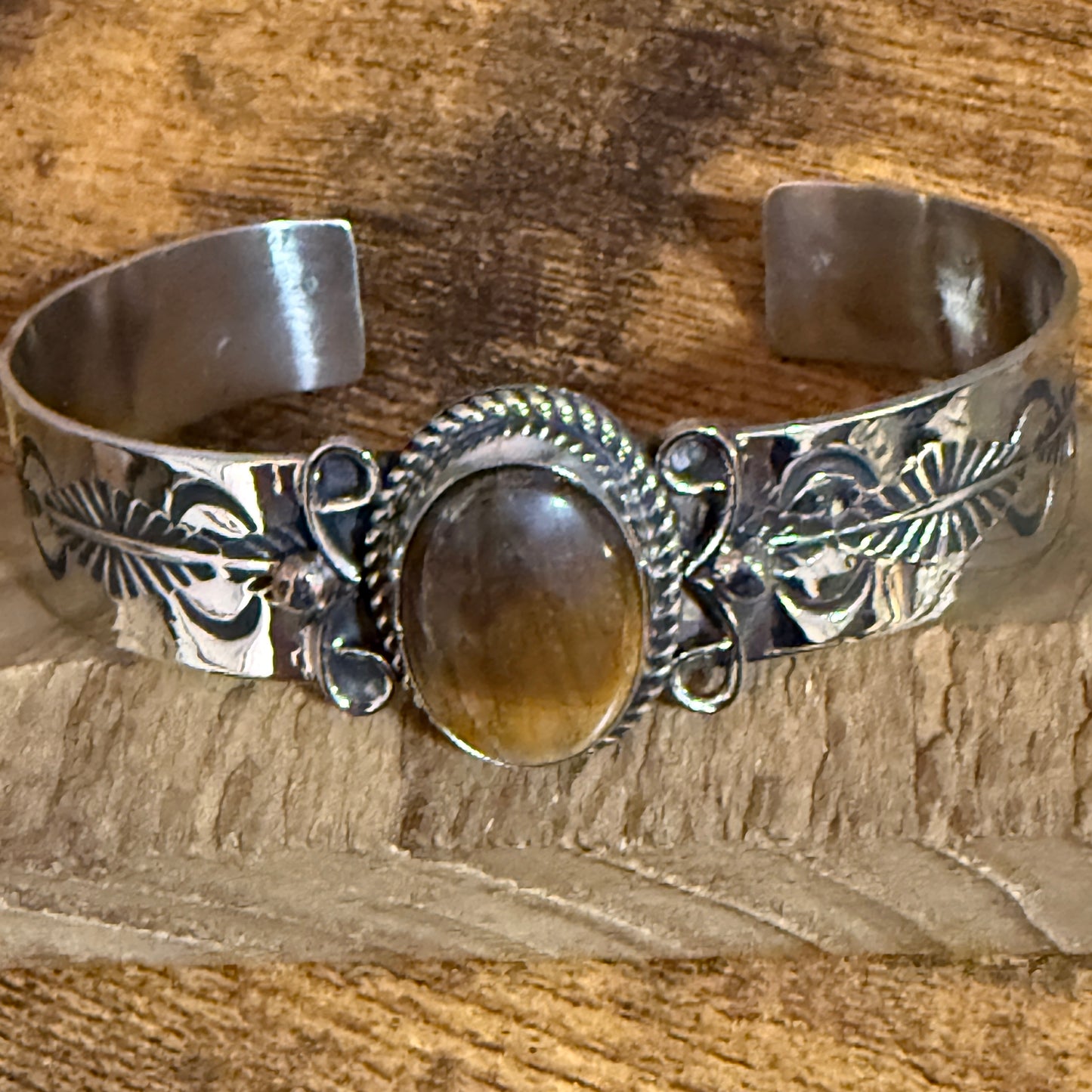 Navajo Inspired Tiger Eye Cuff Bracelet Signed Jackie Cleveland Silver Elegant