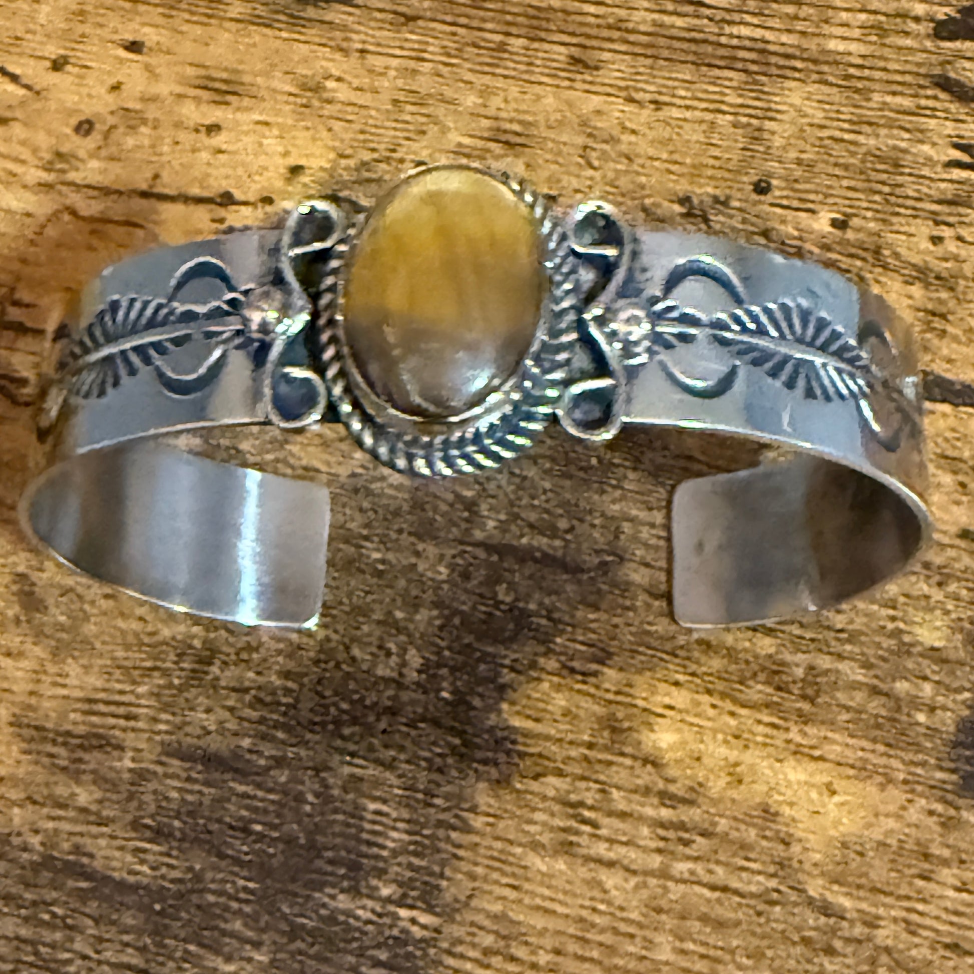 Navajo Inspired Tiger Eye Cuff Bracelet Signed Jackie Cleveland Silver Elegant