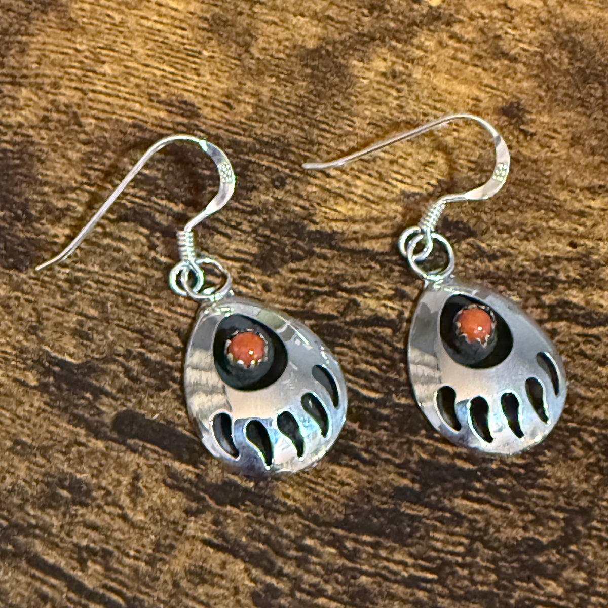 Navajo Inspired Coral Bear Paw Dangle Earrings in Sterling Silver by Leta Parker Silver Elegant