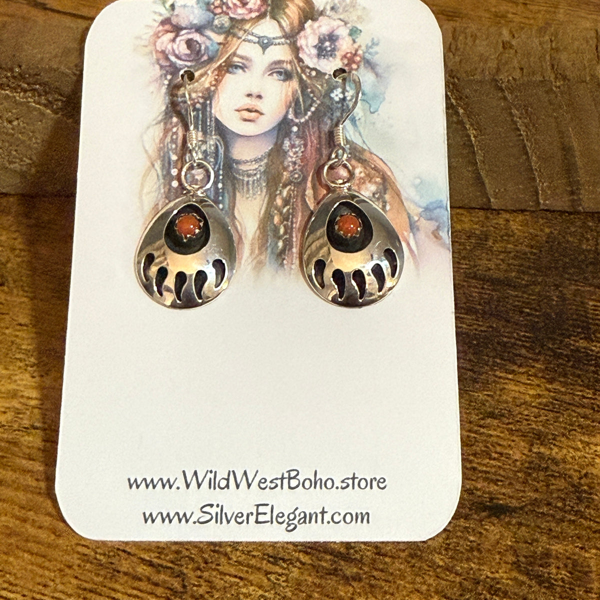 Navajo Inspired Coral Bear Paw Dangle Earrings in Sterling Silver by Leta Parker Silver Elegant