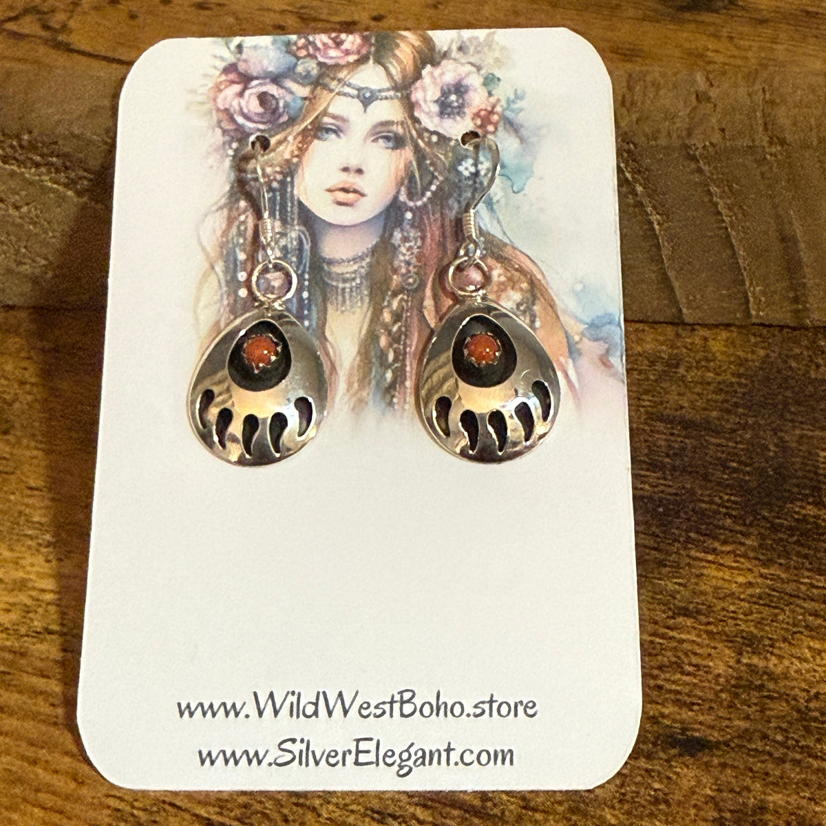 Navajo Inspired Coral Bear Paw Dangle Earrings in Sterling Silver by Leta Parker Silver Elegant