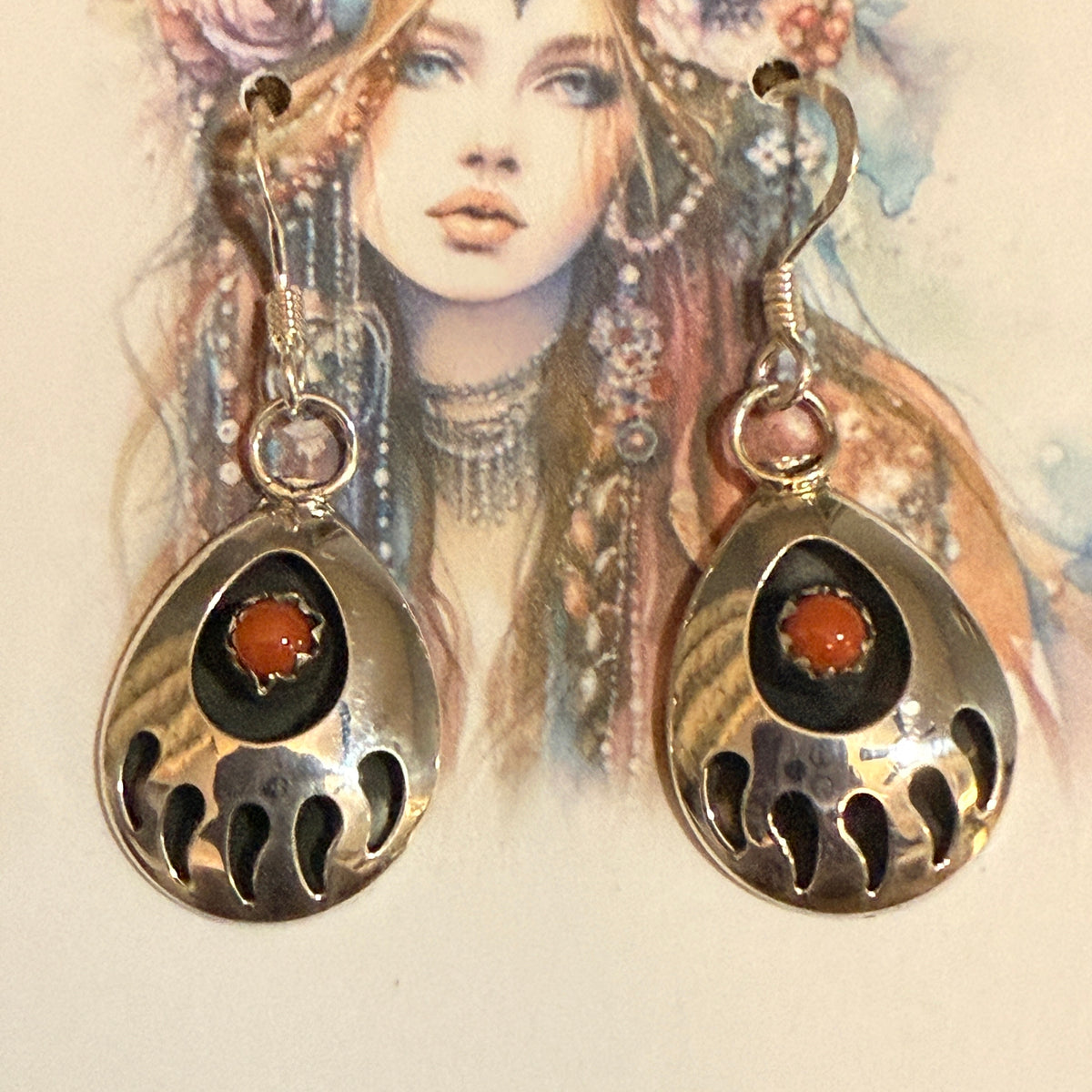 Navajo Inspired Coral Bear Paw Dangle Earrings in Sterling Silver by Leta Parker Silver Elegant