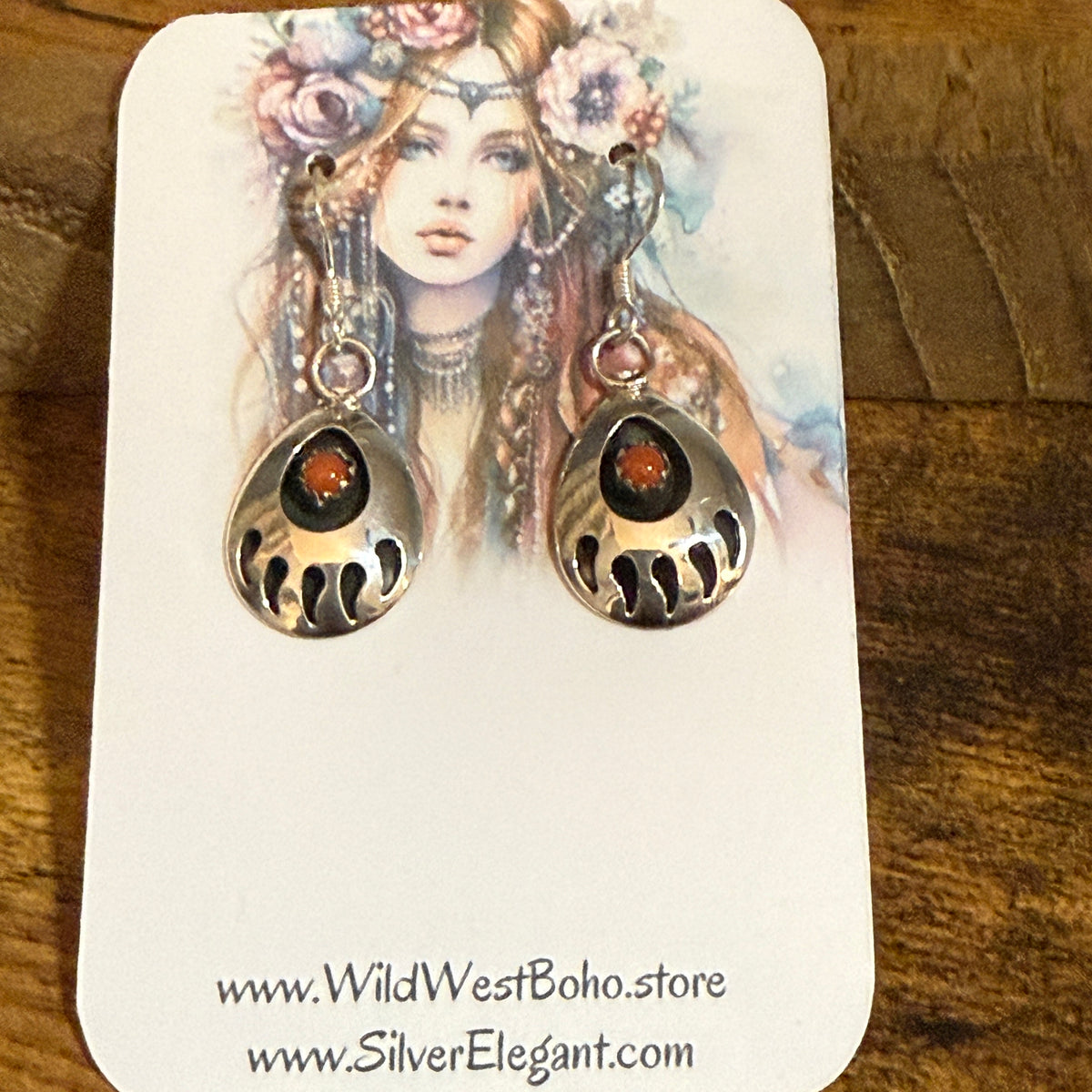 Navajo Inspired Coral Bear Paw Dangle Earrings in Sterling Silver by Leta Parker Silver Elegant