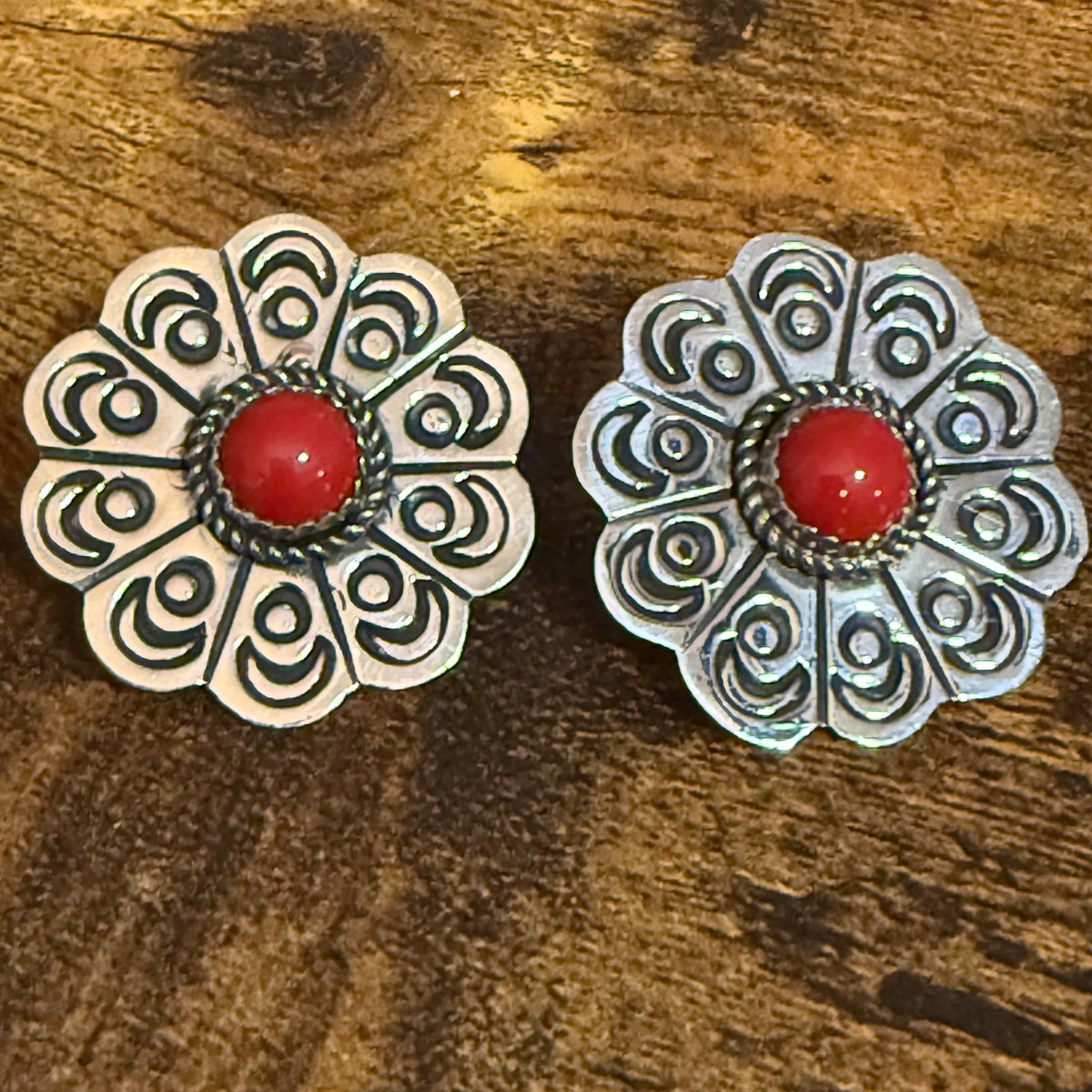 Navajo Inspired Coral Concho Post Earrings Signed Jackie Cleveland Silver Elegant