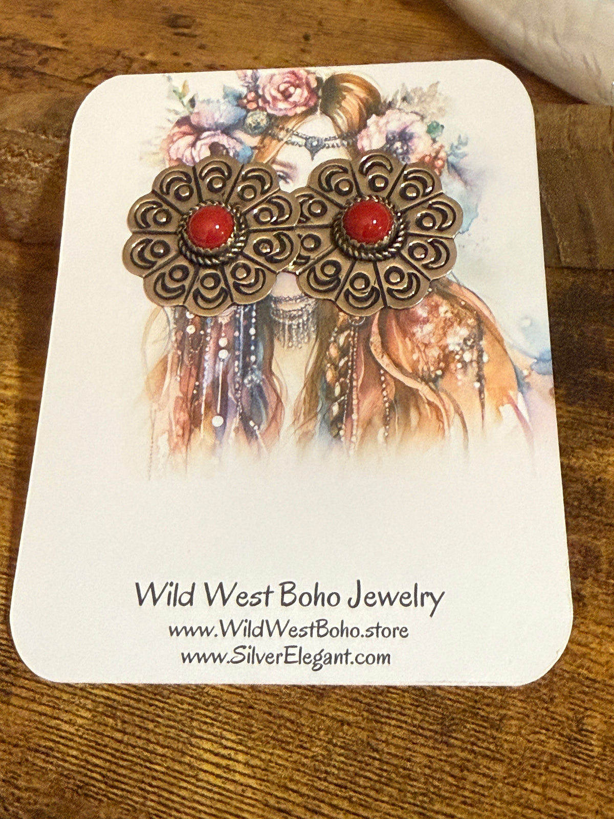 Navajo Inspired Coral Concho Post Earrings Signed Jackie Cleveland Silver Elegant