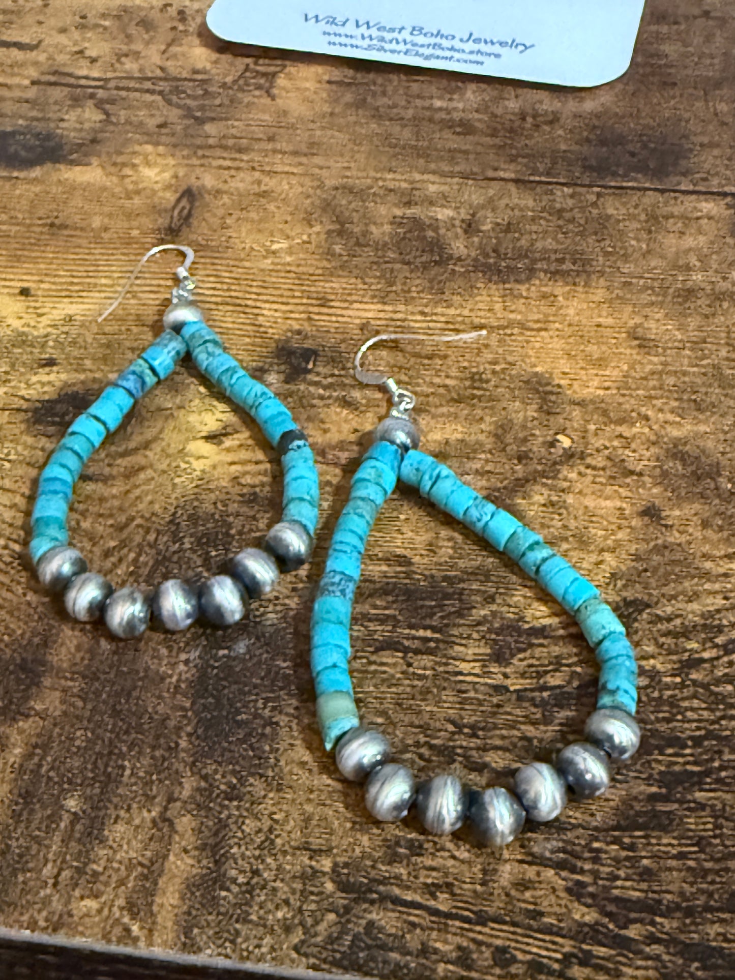Native Inspired Hand Beaded Turquoise Navajo Pearl Sterling Silver Dangle Earrings Silver Elegant