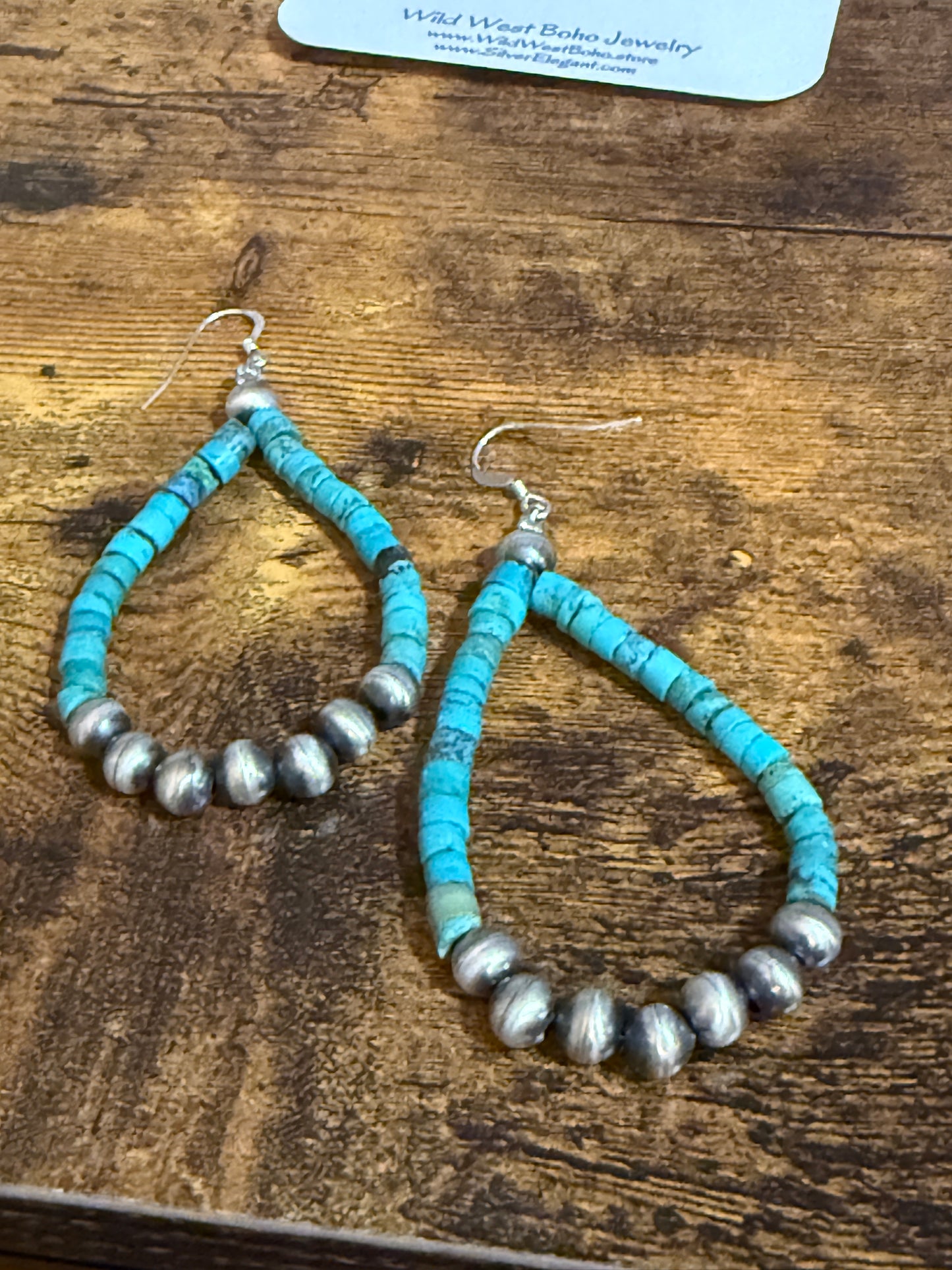 Native Inspired Hand Beaded Turquoise Navajo Pearl Sterling Silver Dangle Earrings Silver Elegant