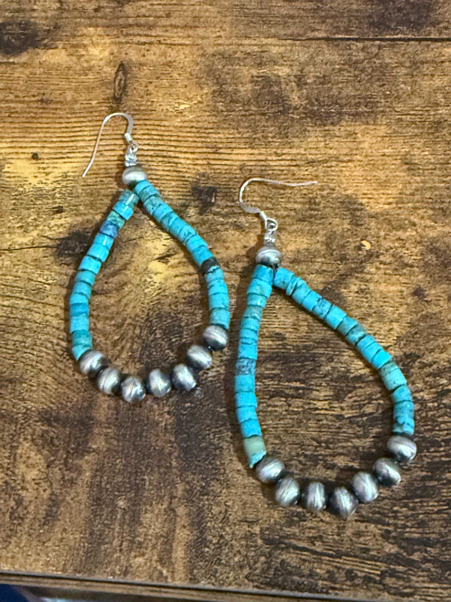 Native Inspired Hand Beaded Turquoise Navajo Pearl Sterling Silver Dangle Earrings Silver Elegant