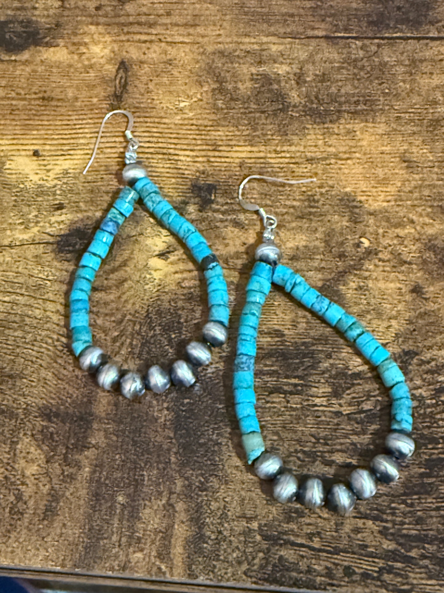 Native Inspired Hand Beaded Turquoise Navajo Pearl Sterling Silver Dangle Earrings Silver Elegant