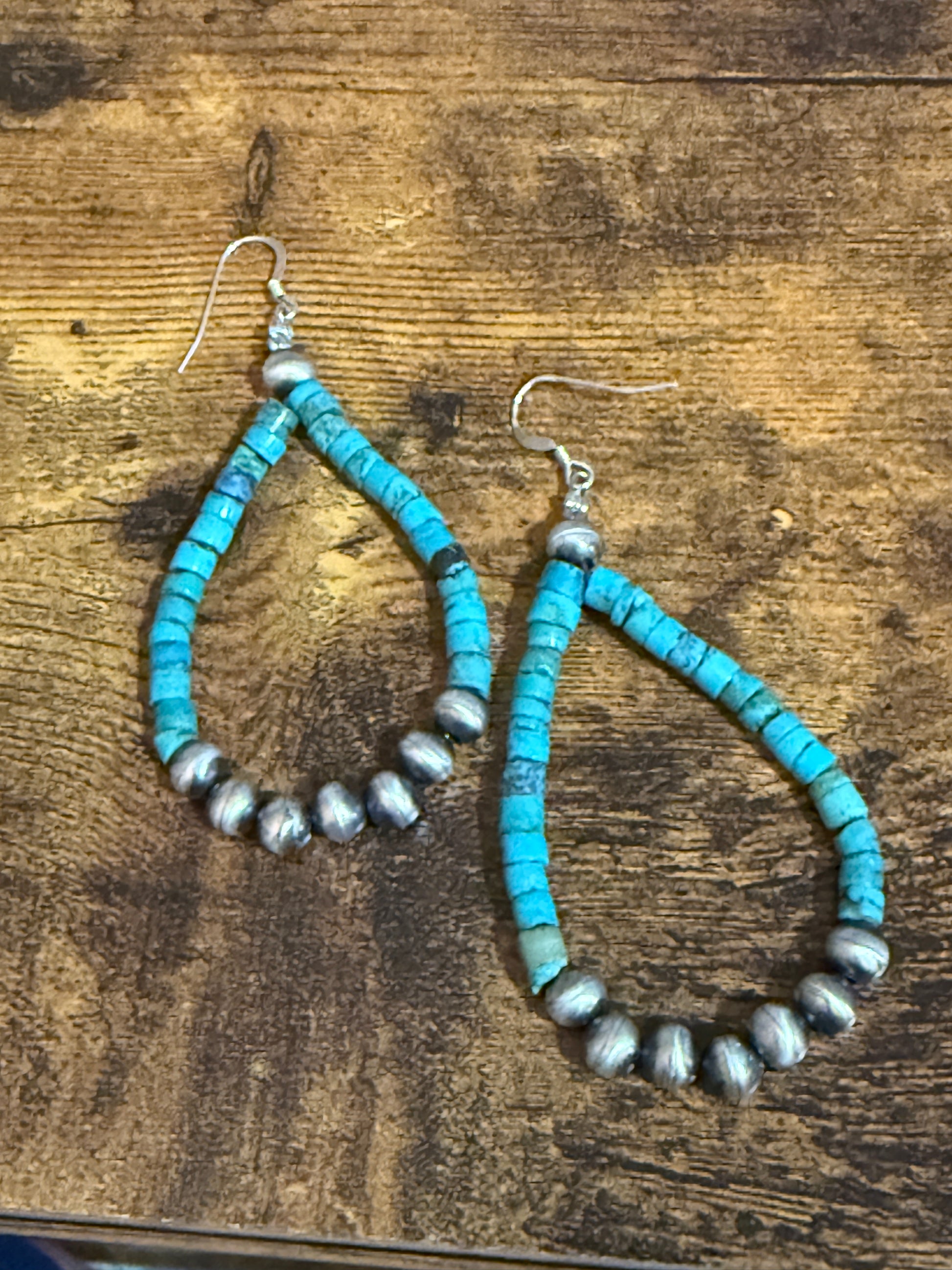 Native Inspired Hand Beaded Turquoise Navajo Pearl Sterling Silver Dangle Earrings Silver Elegant