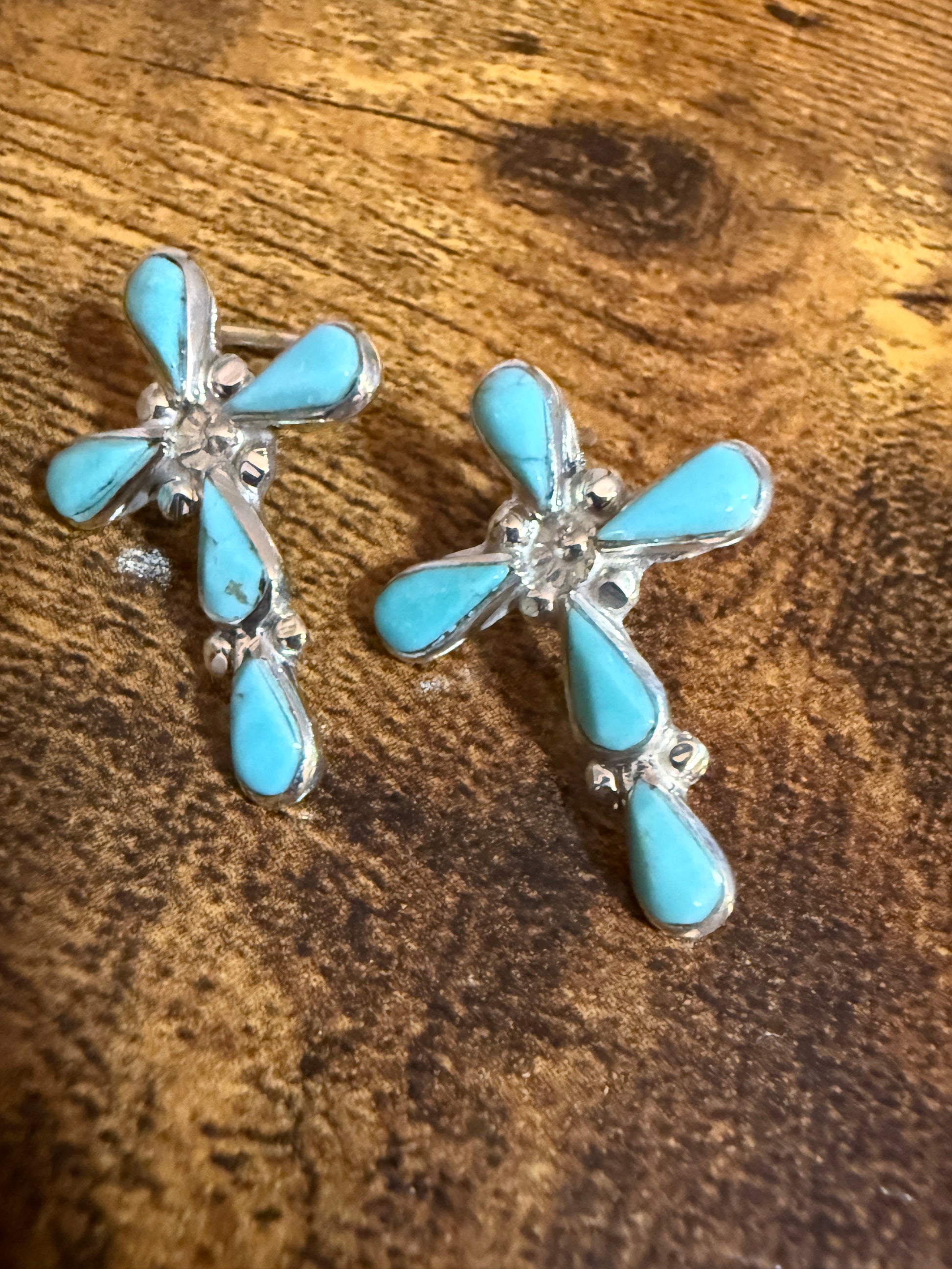 Native Inspired Sterling Silver Turquoise Cross Post Earrings Five Stone Bezel Silver Elegant