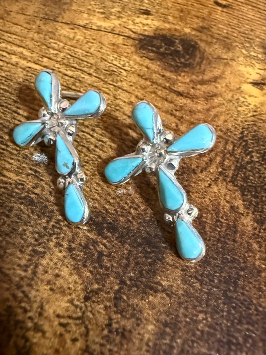 Native Inspired Sterling Silver Turquoise Cross Post Earrings Five Stone Bezel Silver Elegant