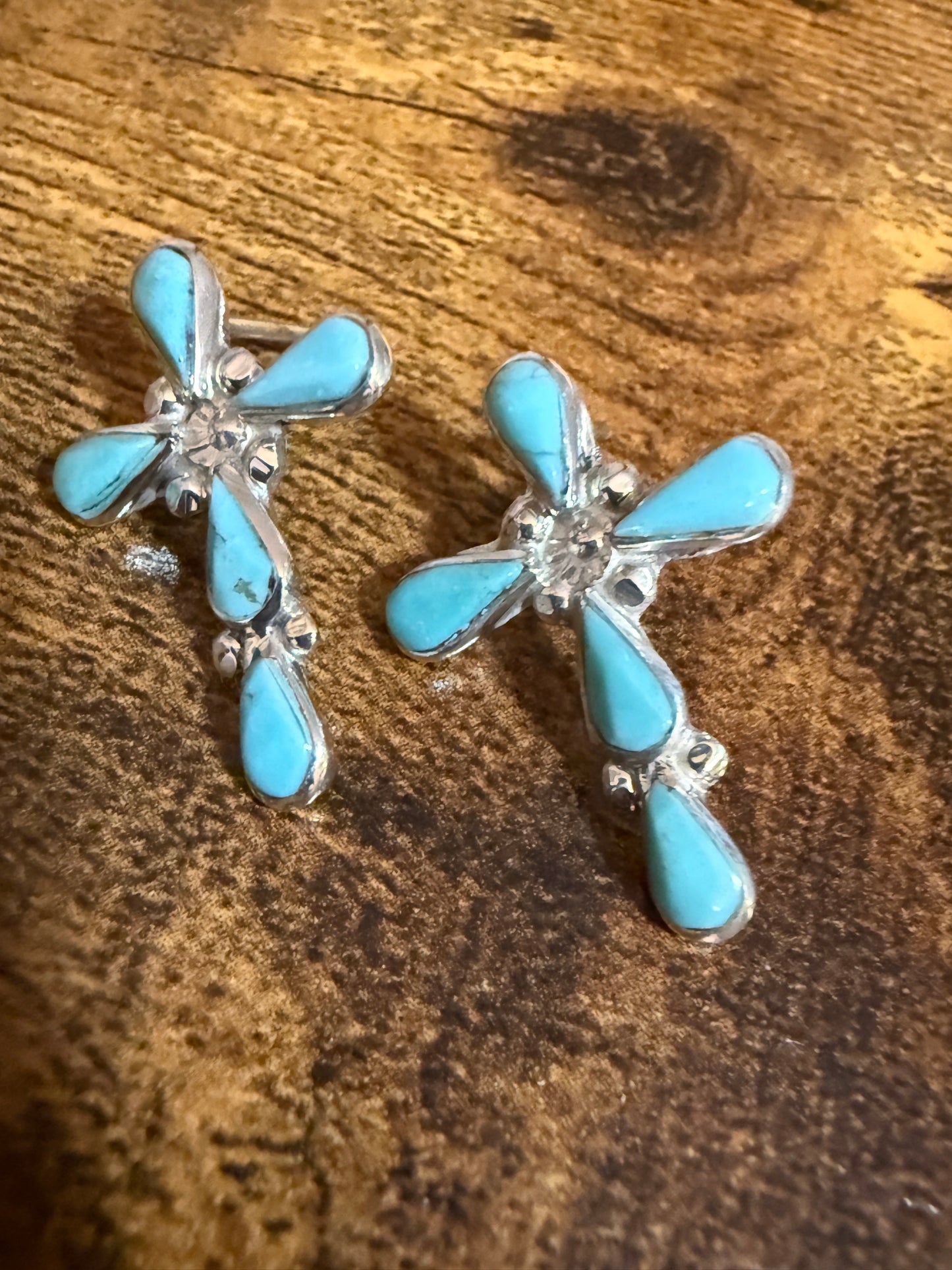Native Inspired Sterling Silver Turquoise Cross Post Earrings Five Stone Bezel Silver Elegant